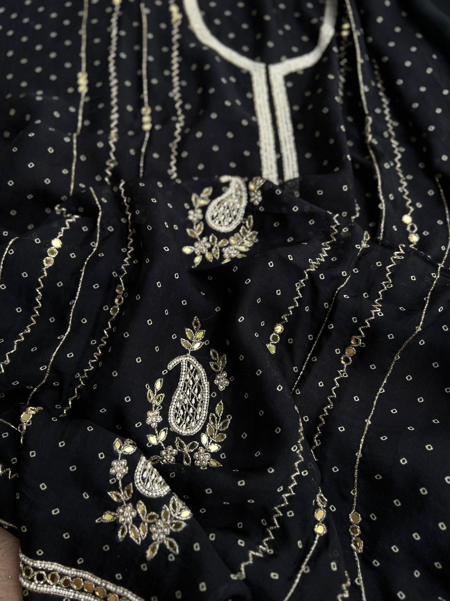Black Georgette Organza with Mirror & Pearl Detailing