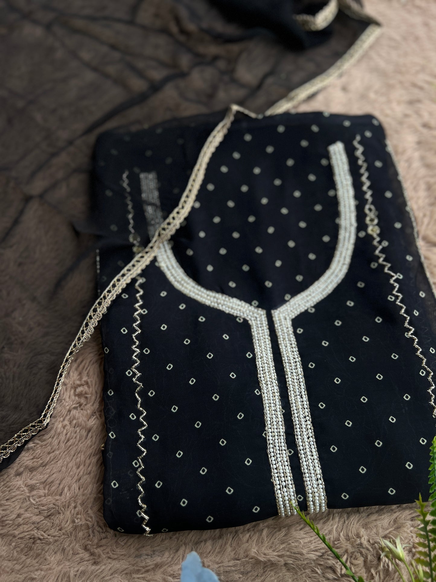 Black Georgette Organza with Mirror & Pearl Detailing