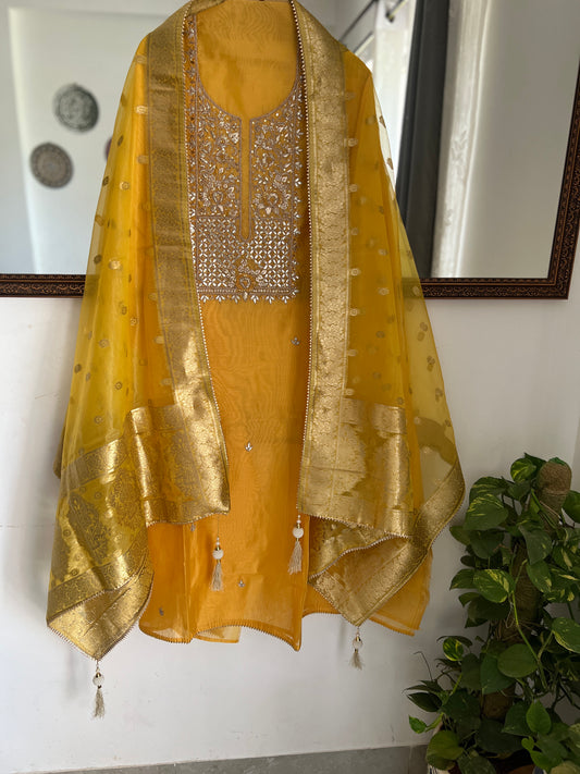 Yellow Chanderi Silk Handwork Suit