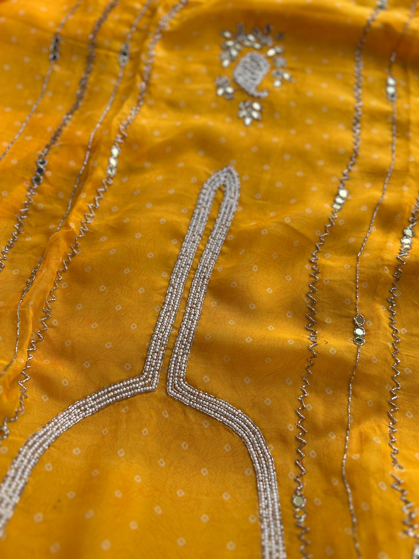 Yellow Georgette Organza with Mirror & Pearl