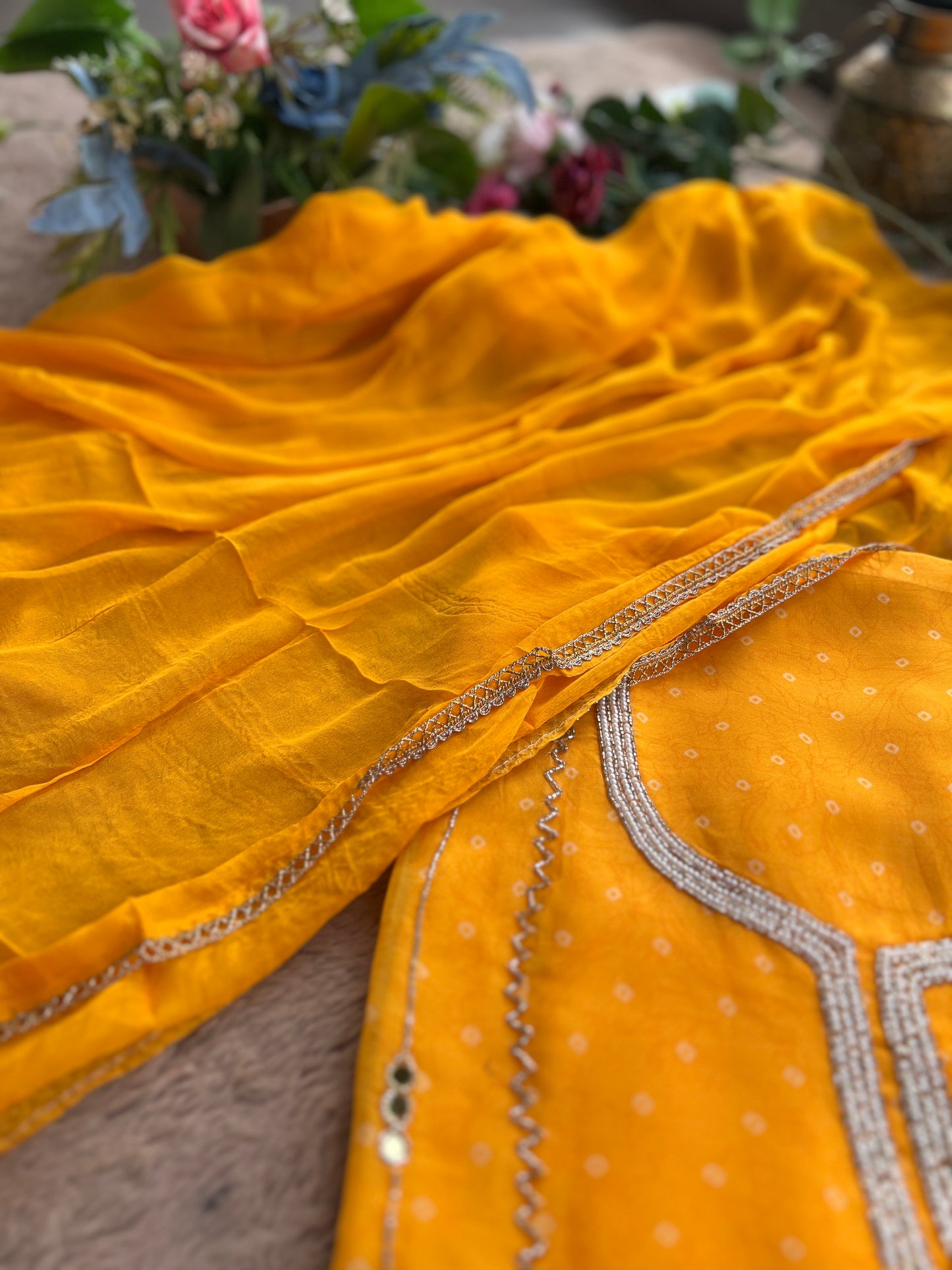 Yellow Georgette Organza with Mirror & Pearl