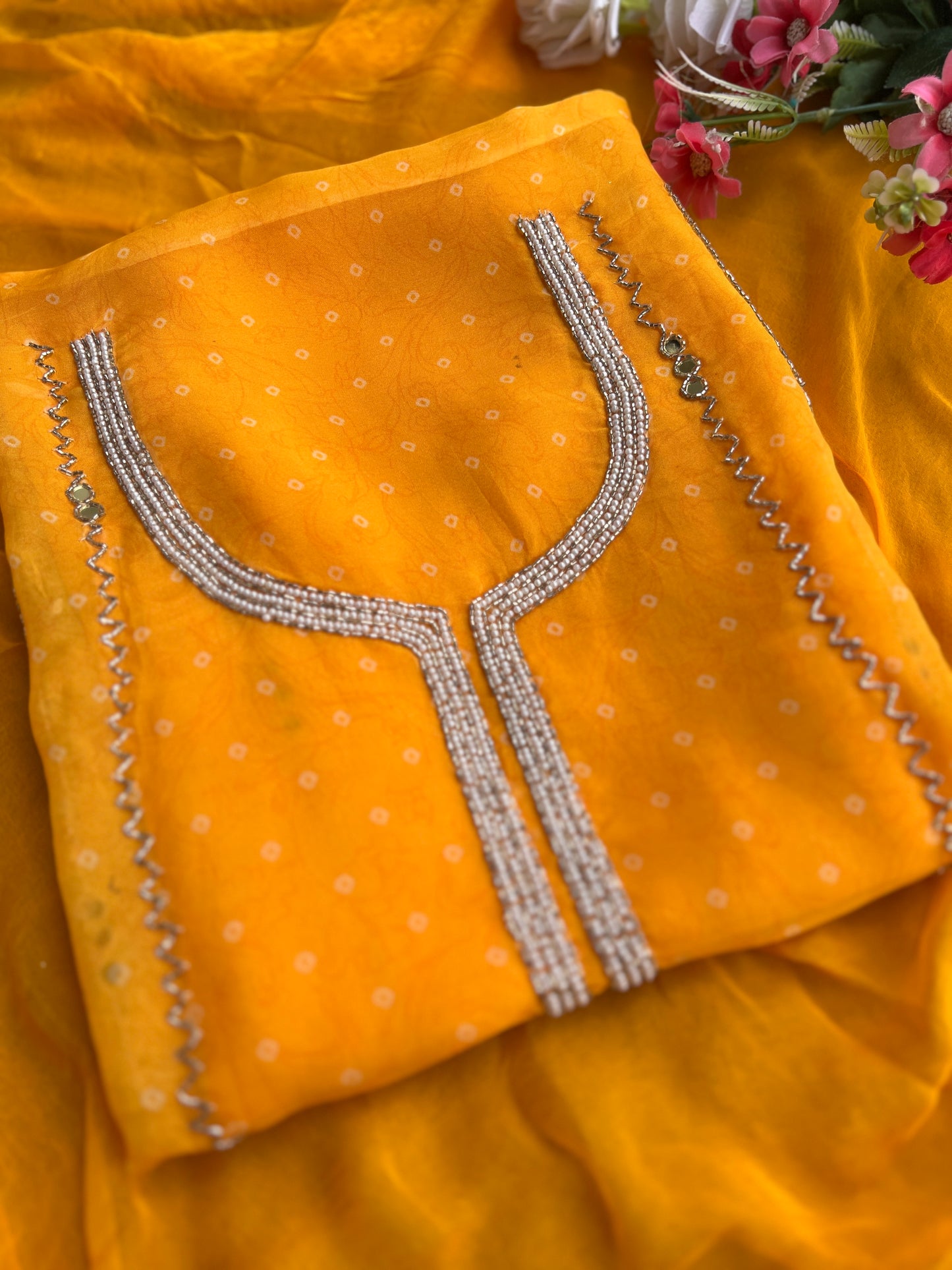 Yellow Georgette Organza with Mirror & Pearl