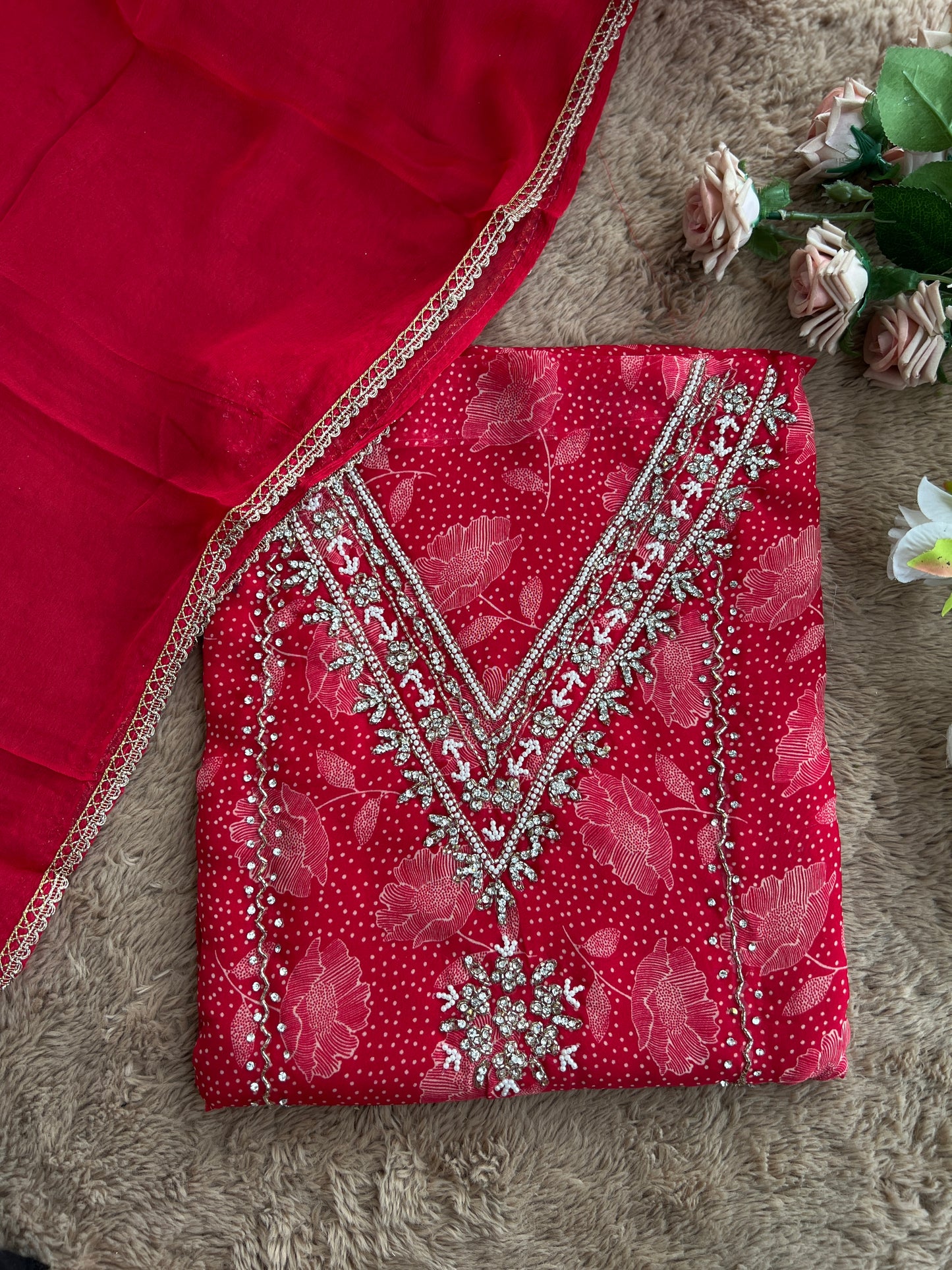 Bold Red V-Neck Organza Handwork Salwar suit