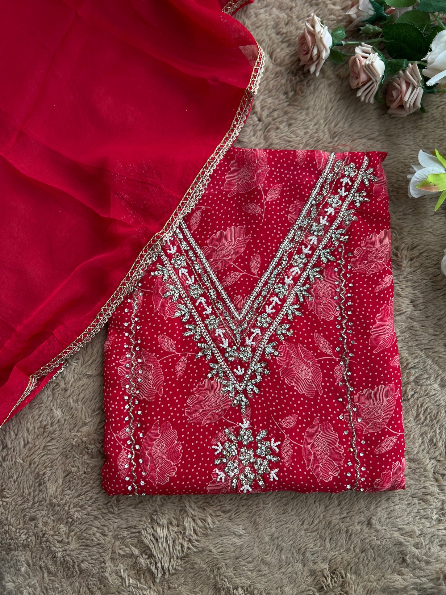 Bold Red V-Neck Organza Handwork Salwar suit