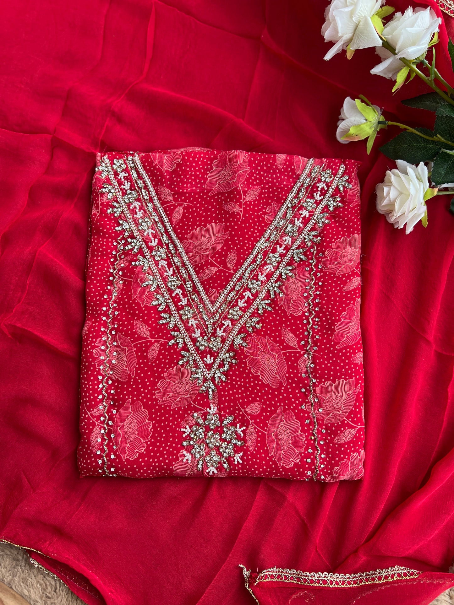 Bold Red V-Neck Organza Handwork Salwar suit