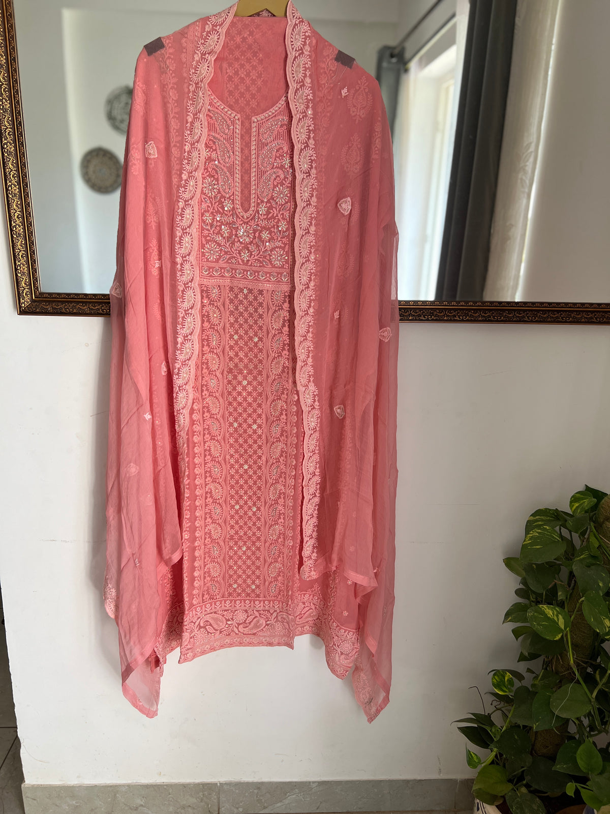 Pink Pure Georgette Chikankari Suit Set