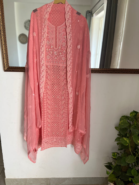 Pink Pure Georgette Chikankari Suit Set