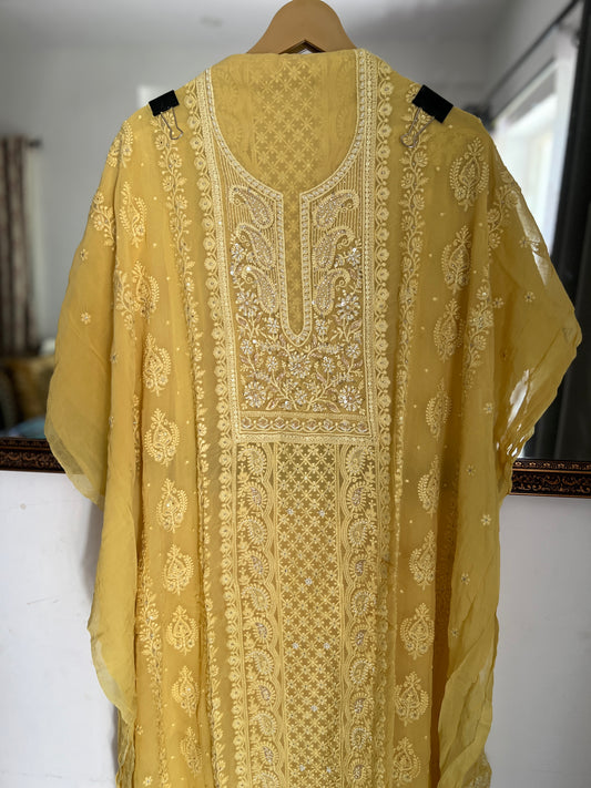 Mustard Yellow Pure Georgette Chikankari Suit Set