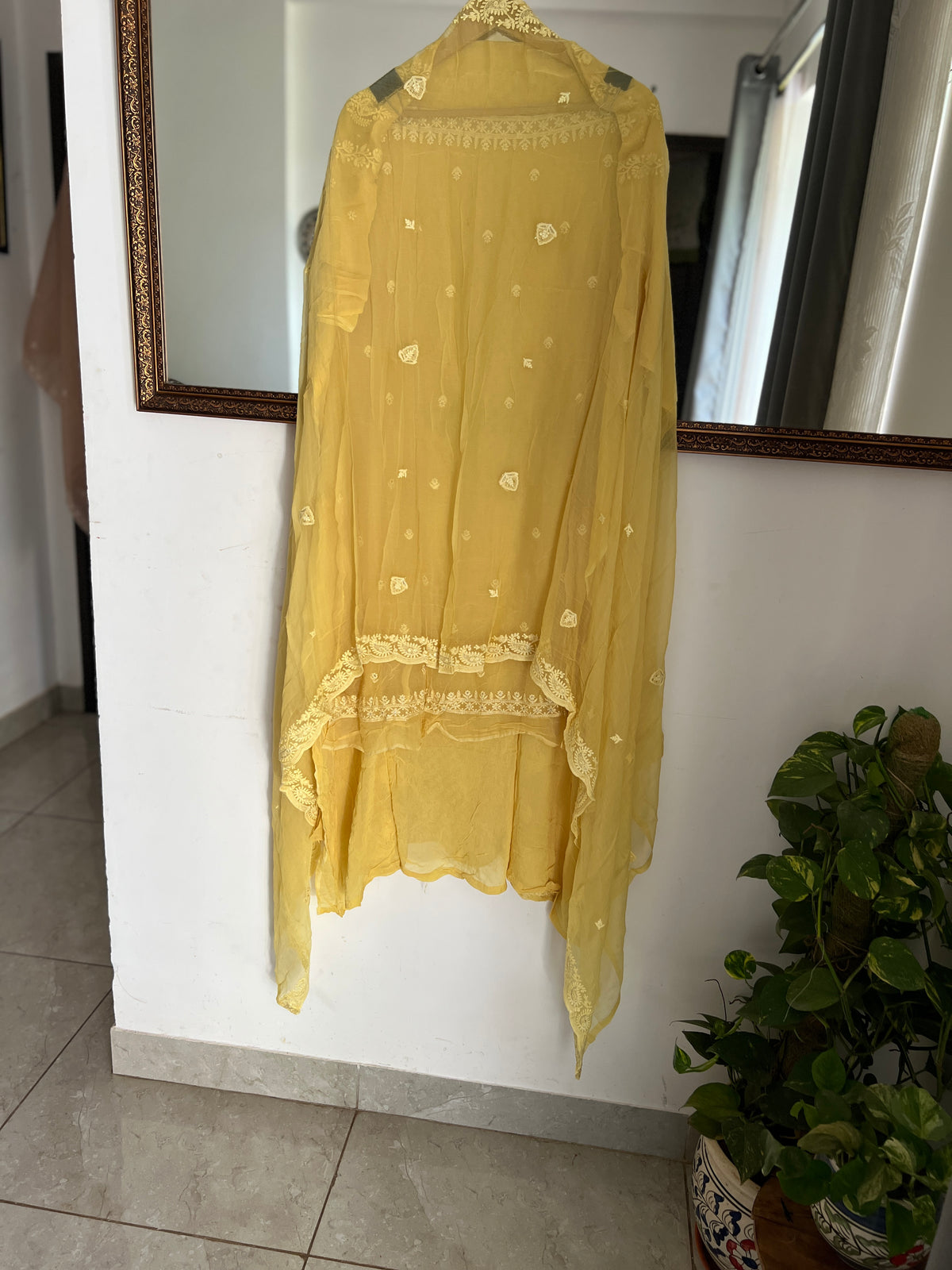 Mustard Yellow Pure Georgette Chikankari Suit Set