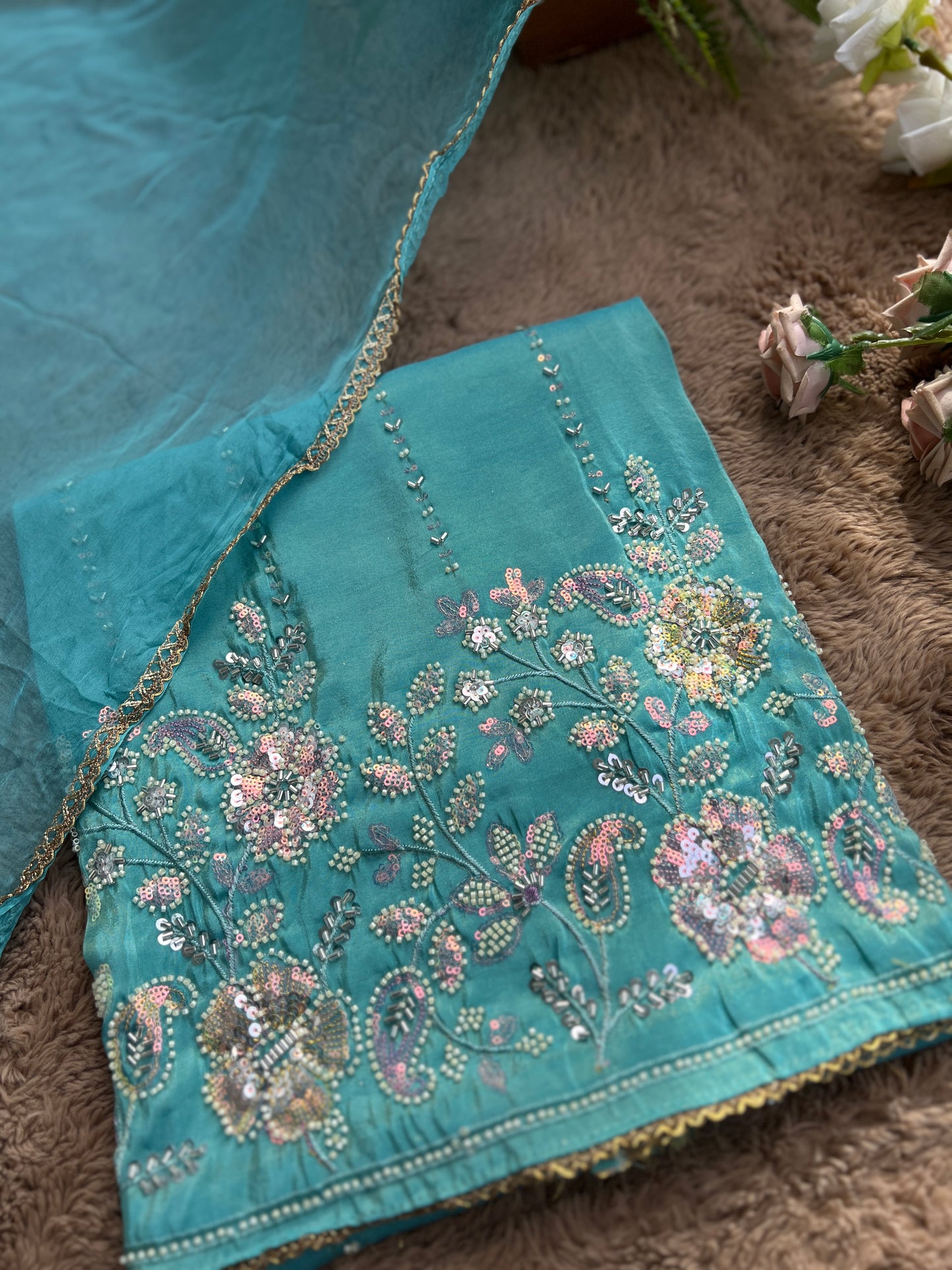 Shimmering Silk Elegance with Beaded Pearl Detailing