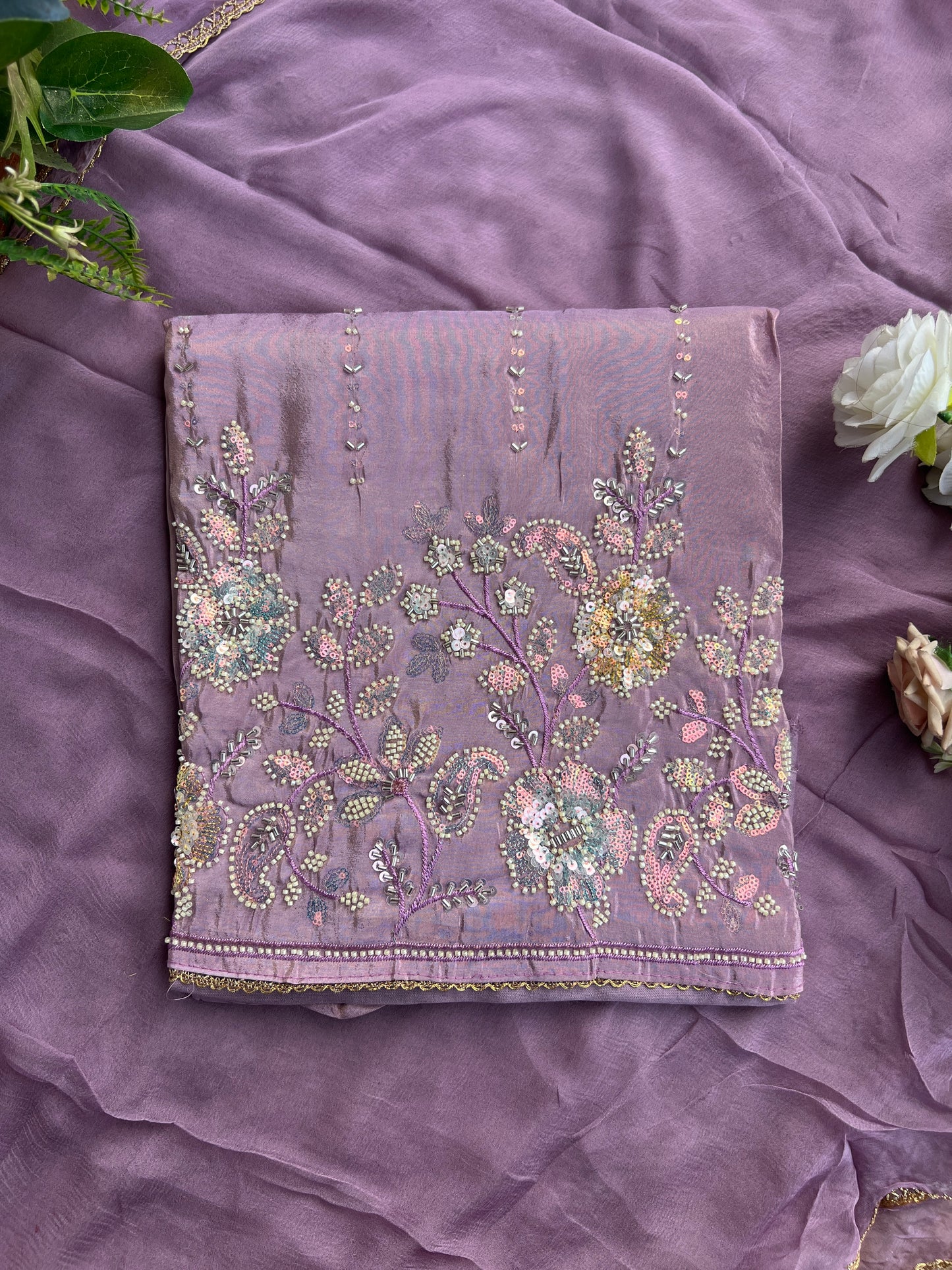 Shimmering Silk Elegance with Beaded Pearl Detailing