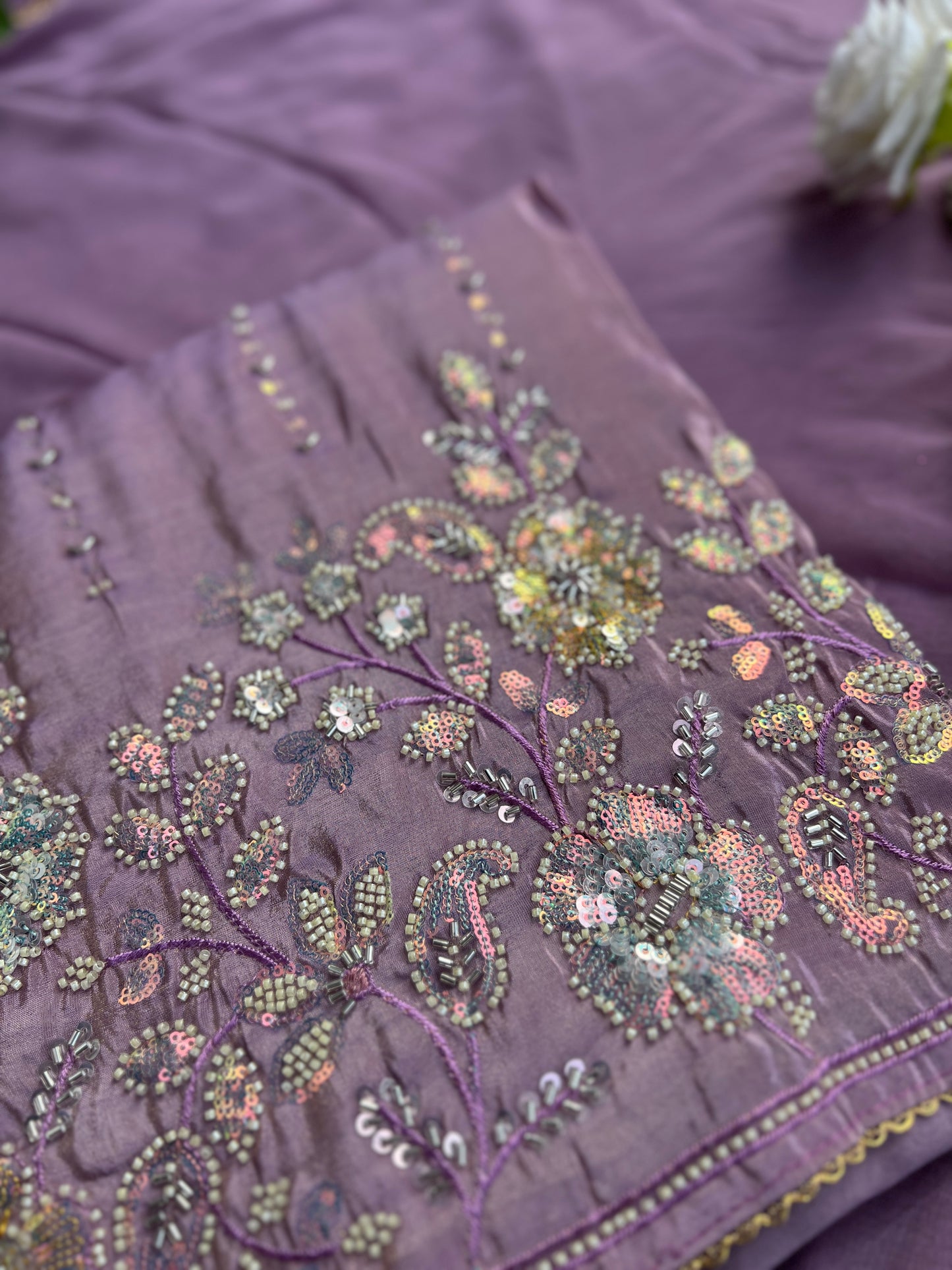 Shimmering Silk Elegance with Beaded Pearl Detailing