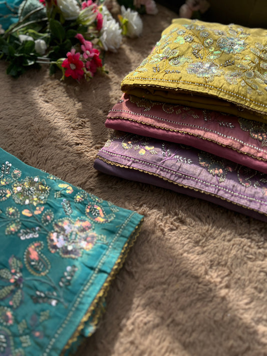 Shimmering Silk Elegance with Beaded Pearl Detailing