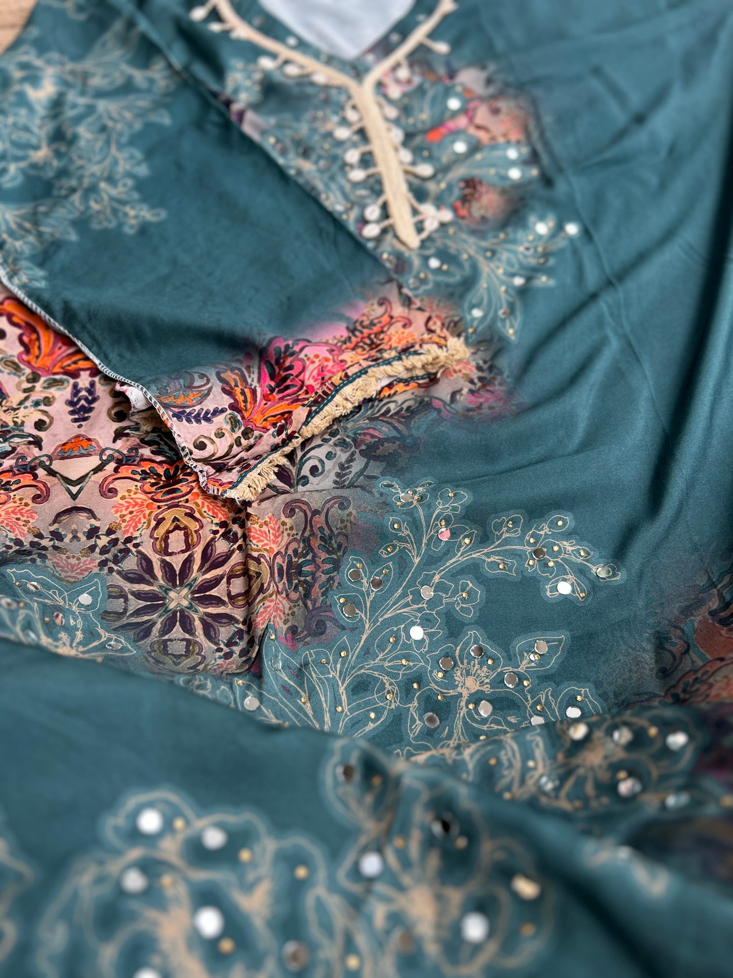 Stylish Printed Maslin Salwar Suit with Sea Shell Detailing