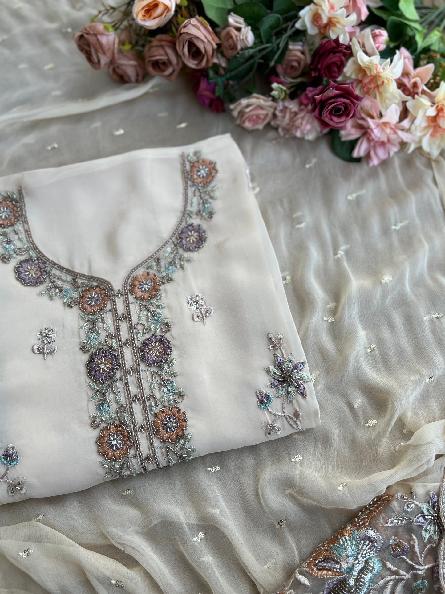 Russia Silk Ensemble with Intricate Embroidery