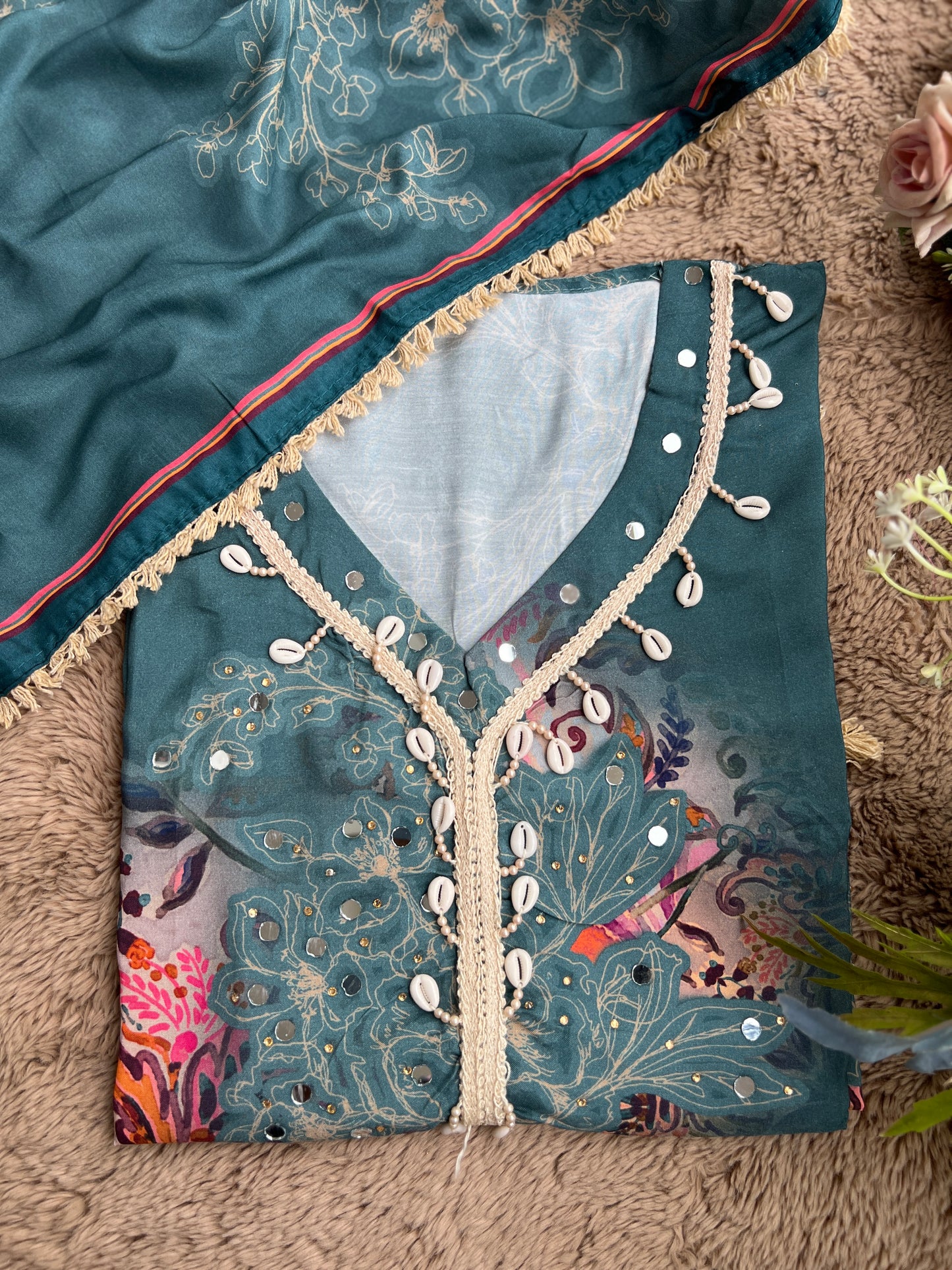 Stylish Printed Maslin Salwar Suit with Sea Shell Detailing