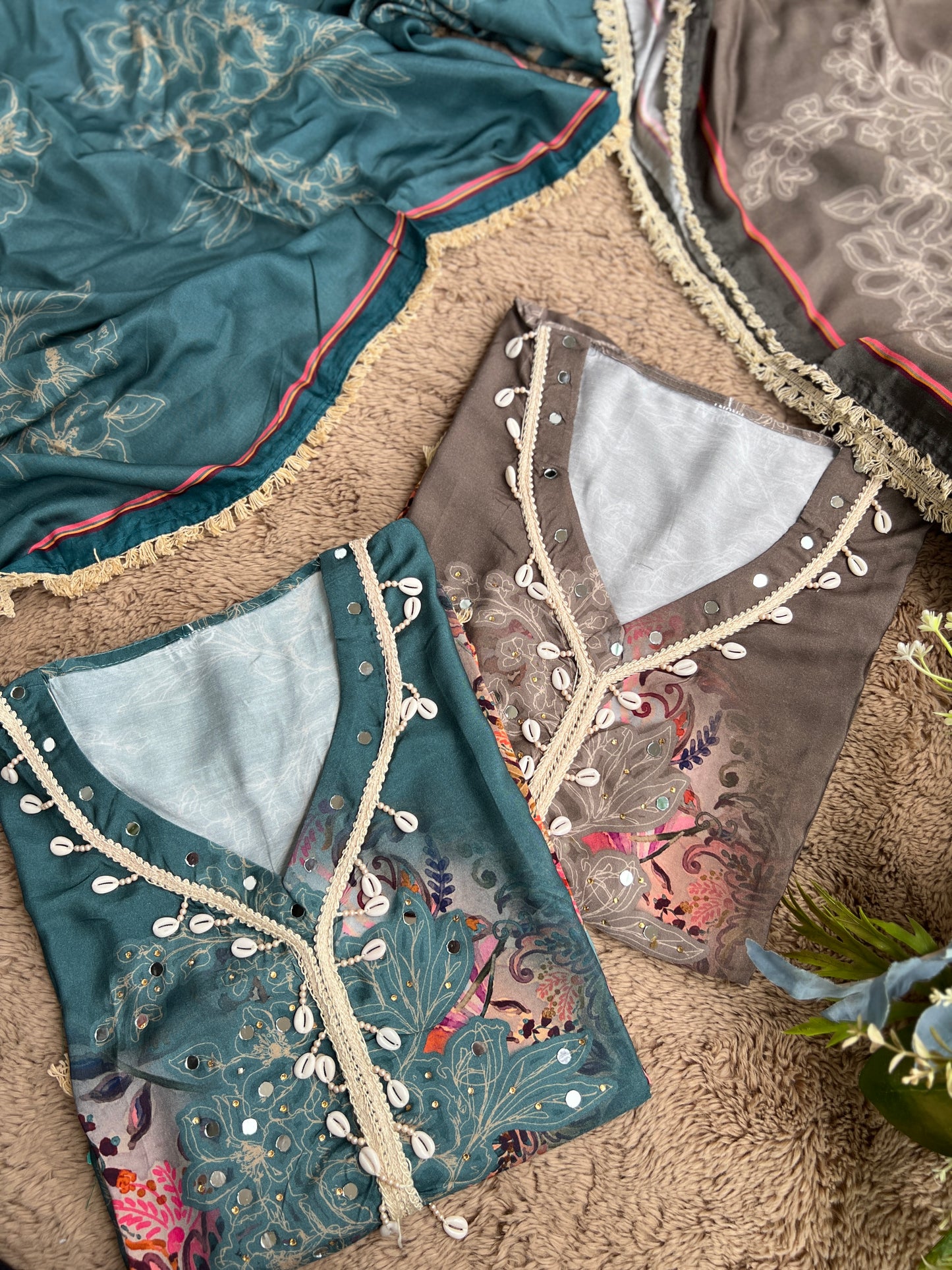 Stylish Printed Maslin Salwar Suit with Sea Shell Detailing
