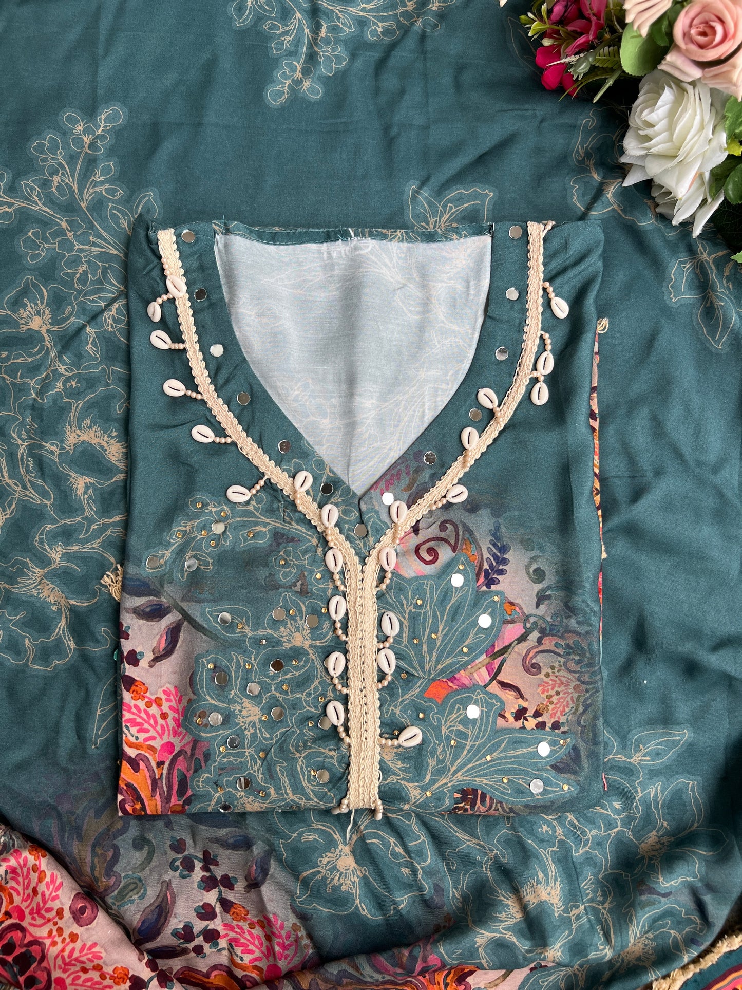 Stylish Printed Maslin Salwar Suit with Sea Shell Detailing