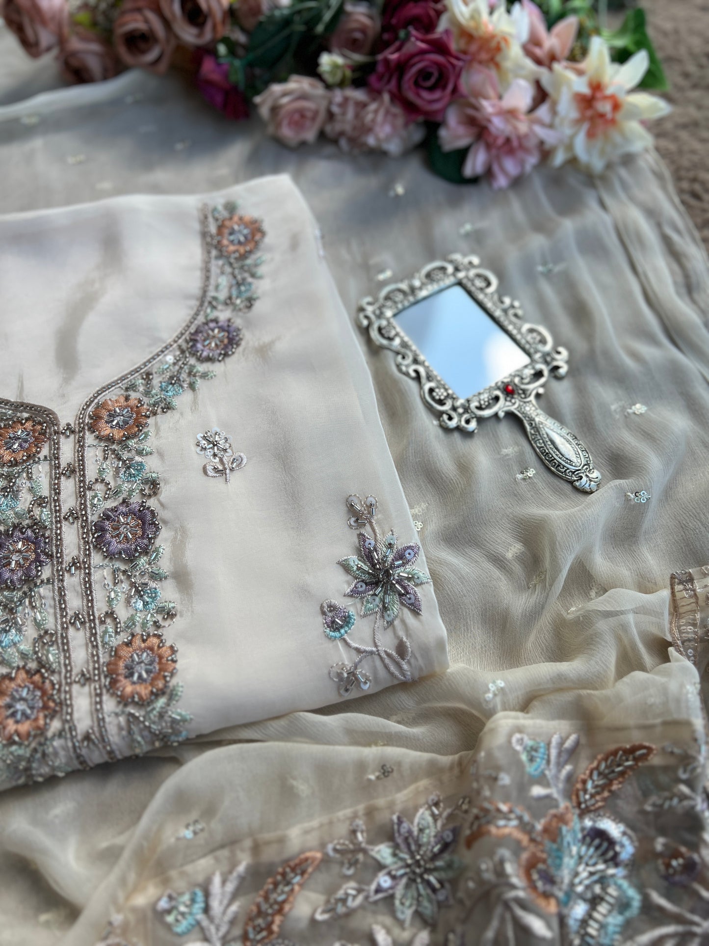 Russia Silk Ensemble with Intricate Embroidery