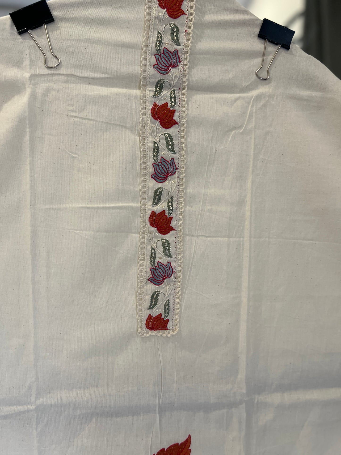Ivory Appliqué Floral Embroidered Pure Cotton 3-Piece Unstitched Suit
