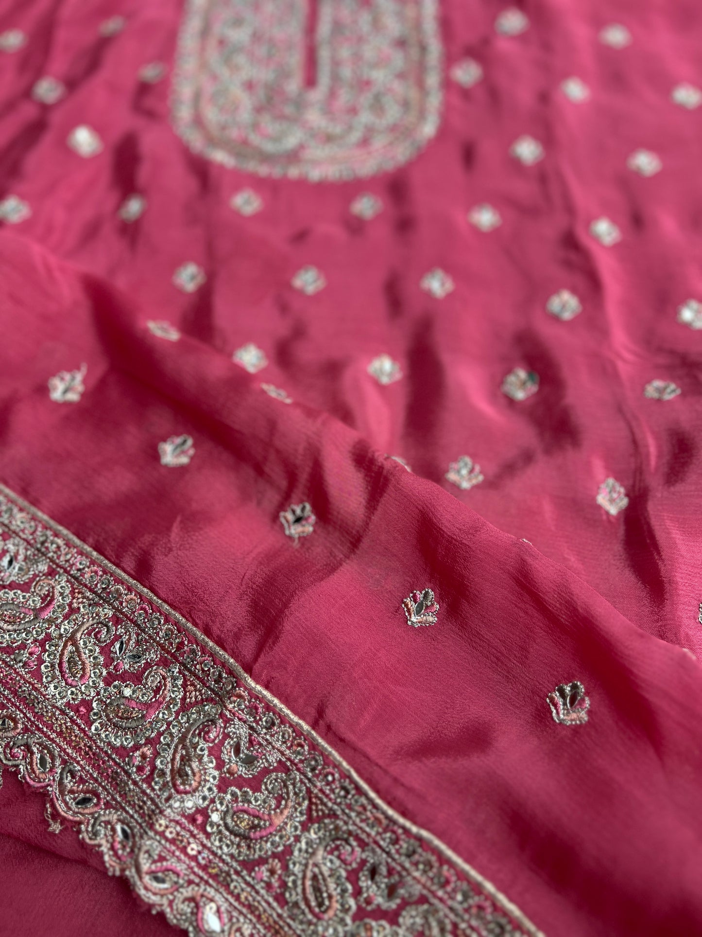 Elegant Chinnon Suit with Embroidered Neck & Daman
