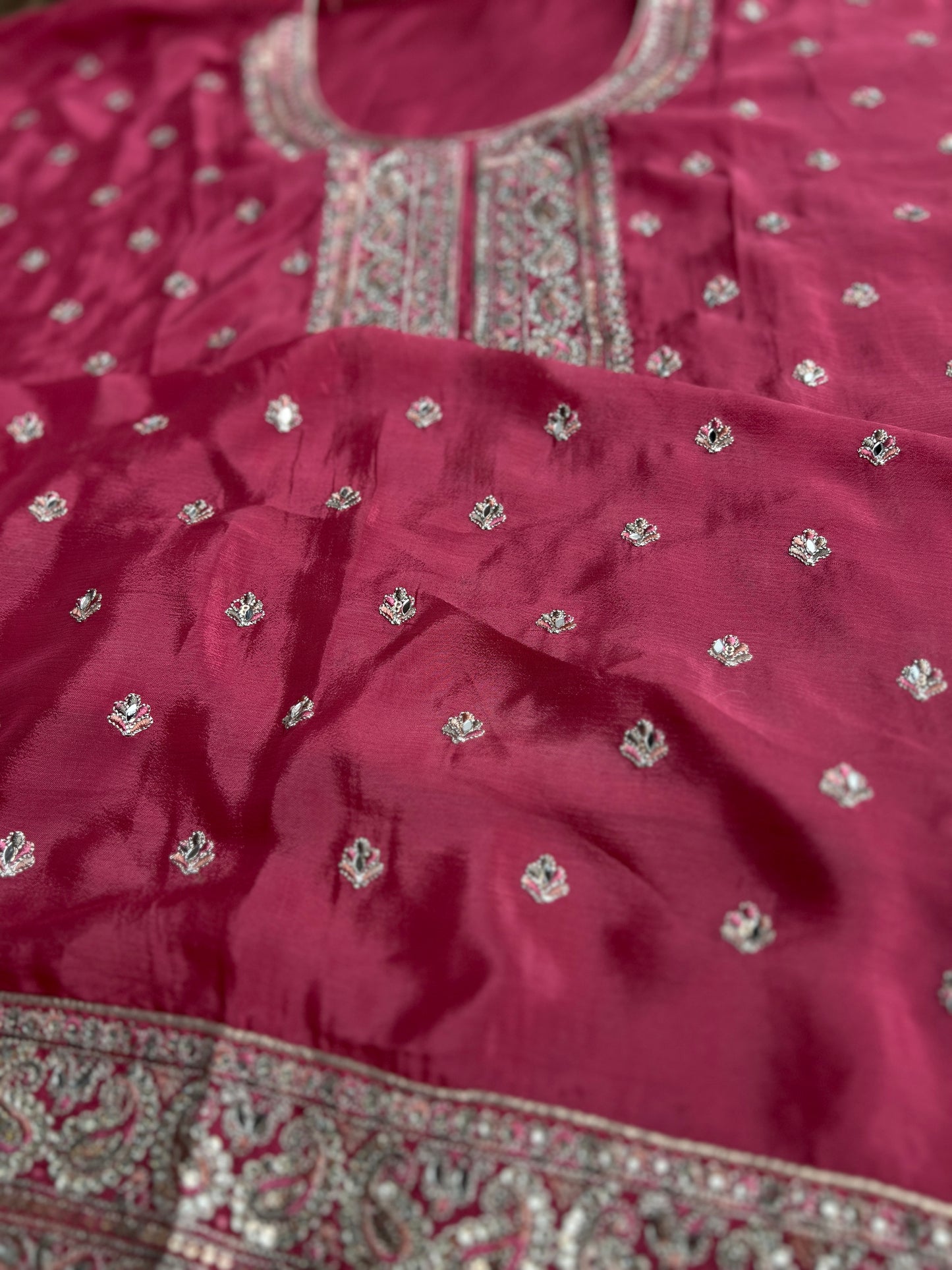Elegant Chinnon Suit with Embroidered Neck & Daman