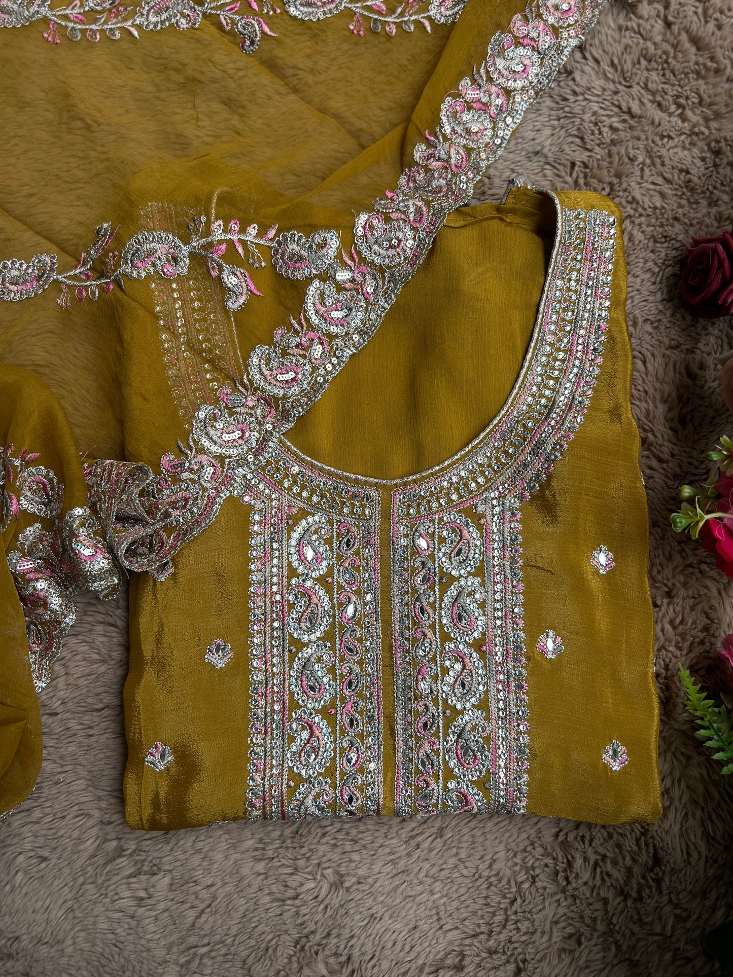 Elegant Chinnon Suit with Embroidered Neck & Daman