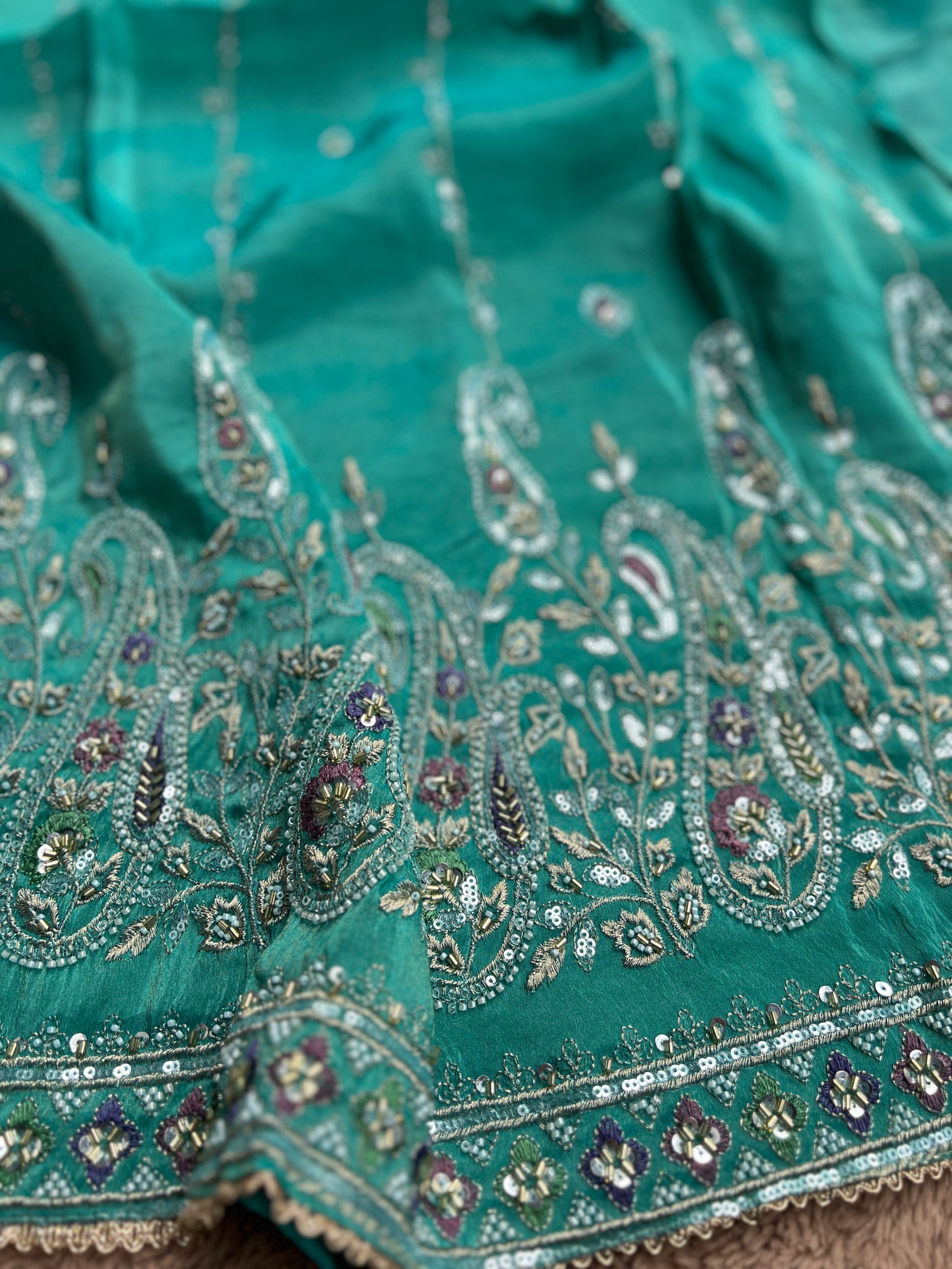 Radiant Teal Shimmer Silk Suit with Chiffon Dupatta