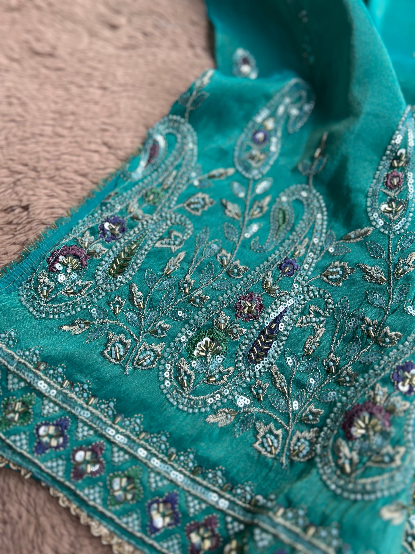 Radiant Teal Shimmer Silk Suit with Chiffon Dupatta