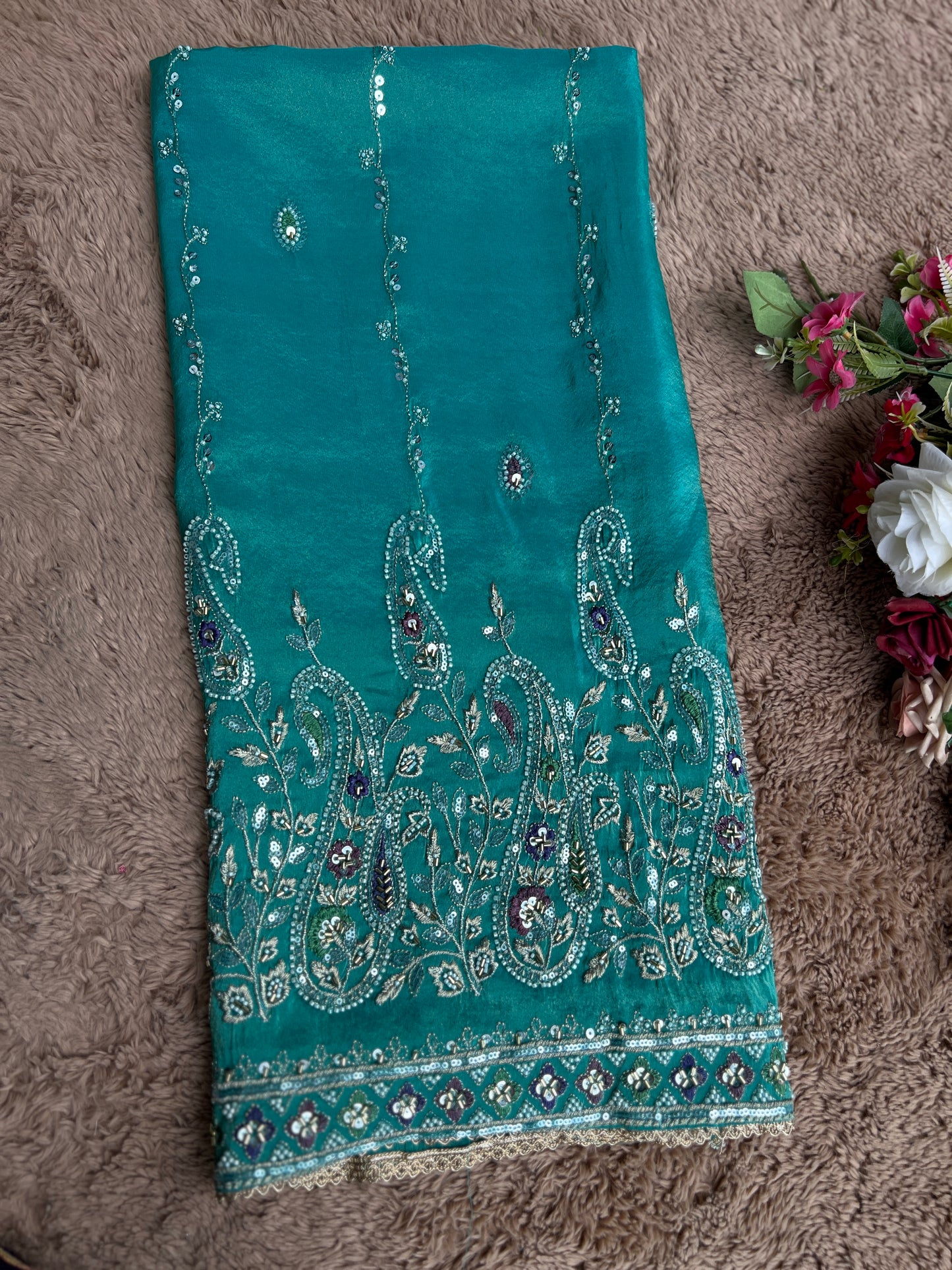 Radiant Teal Shimmer Silk Suit with Chiffon Dupatta