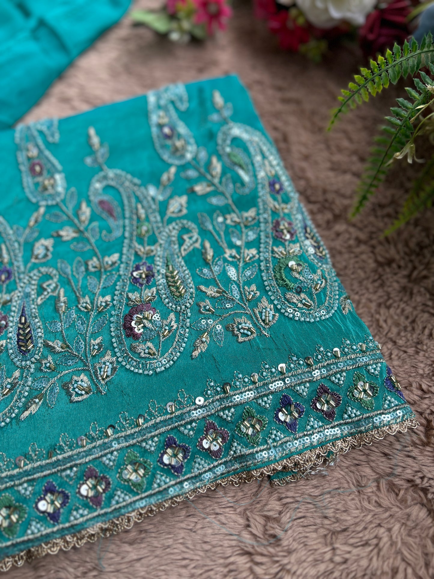 Radiant Teal Shimmer Silk Suit with Chiffon Dupatta