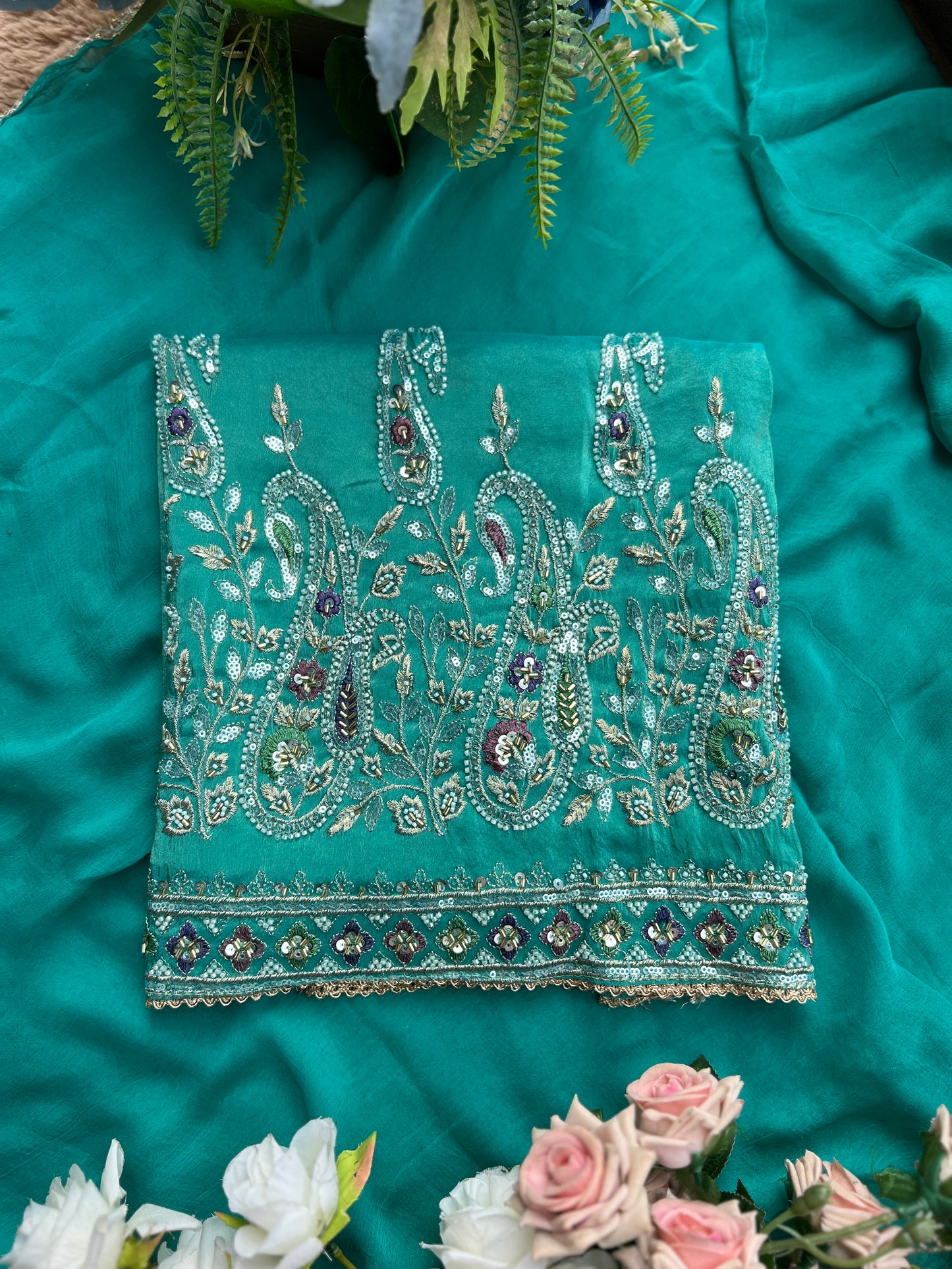 Radiant Teal Shimmer Silk Suit with Chiffon Dupatta