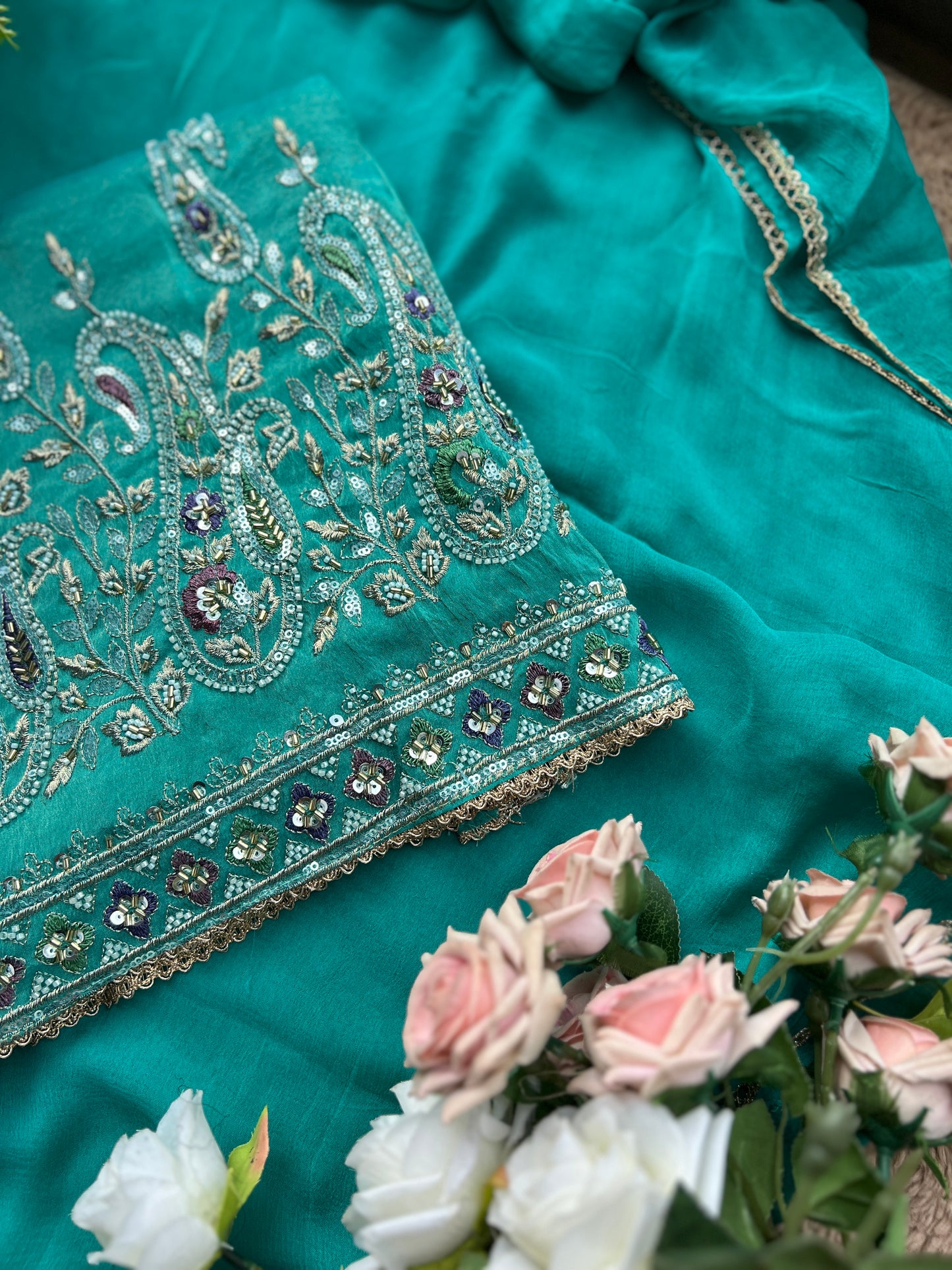 Radiant Teal Shimmer Silk Suit with Chiffon Dupatta