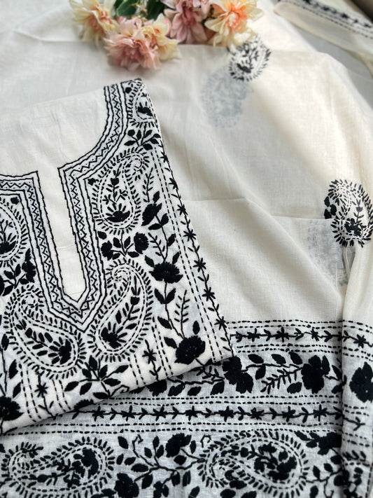 Black & White green Hand Embroidered Cotto suit
