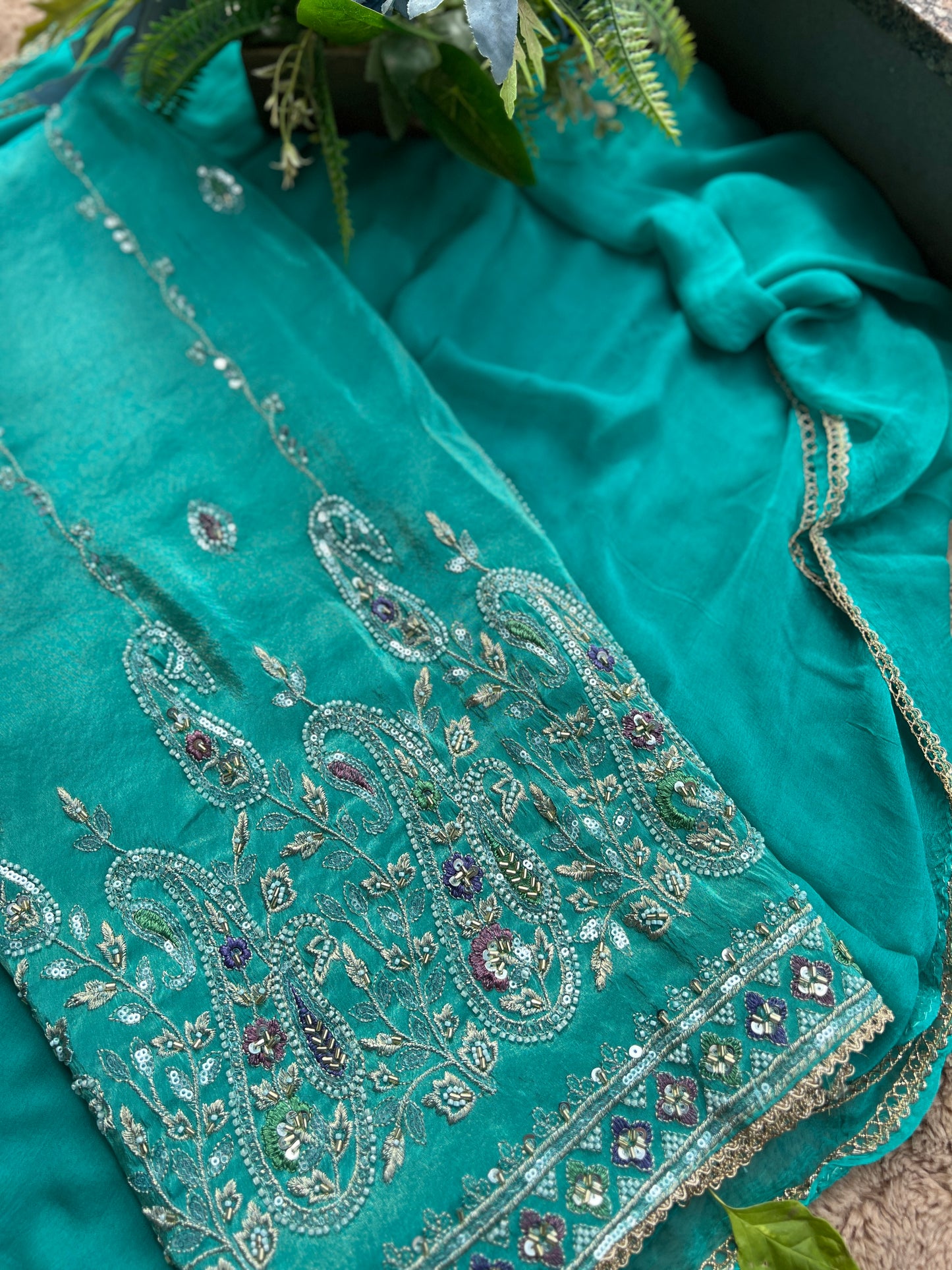 Radiant Teal Shimmer Silk Suit with Chiffon Dupatta