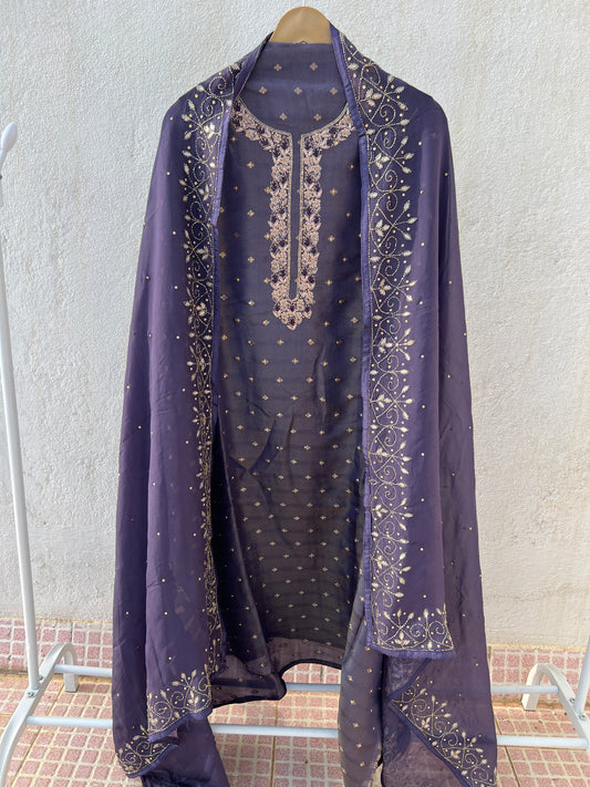 Slate Grey Shimmer Tissue Silk Suit with Exquisite Kalkatta Handwork