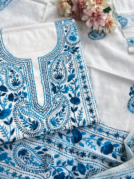 Ivory Royal Blue Pure Cotton Hand-Embroidered Unstitched Dress Material