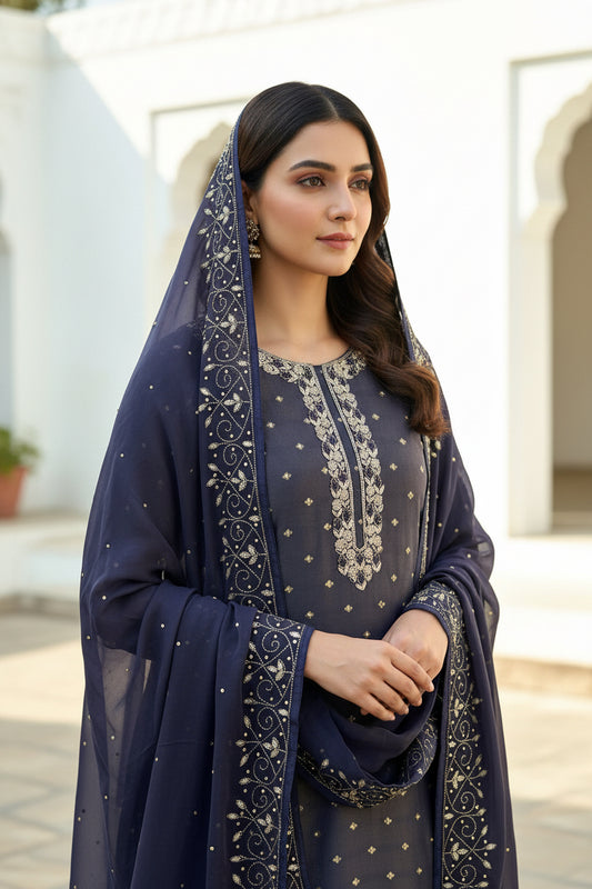 Slate Grey Shimmer Tissue Silk Suit with Exquisite Kalkatta Handwork