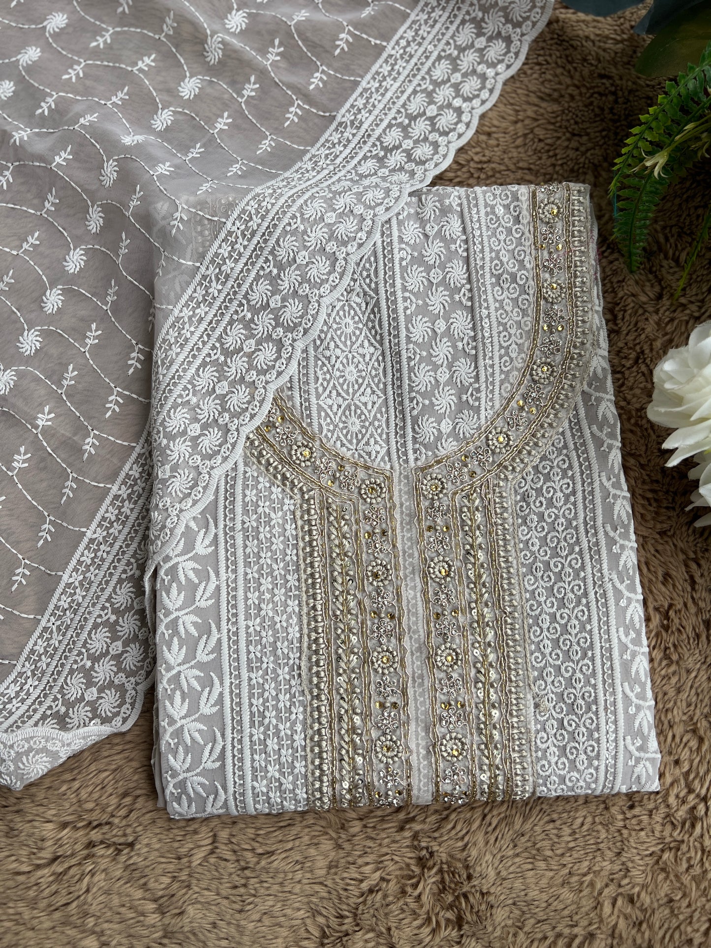 Grey Hand Embroidered Chikankari Salwar suit