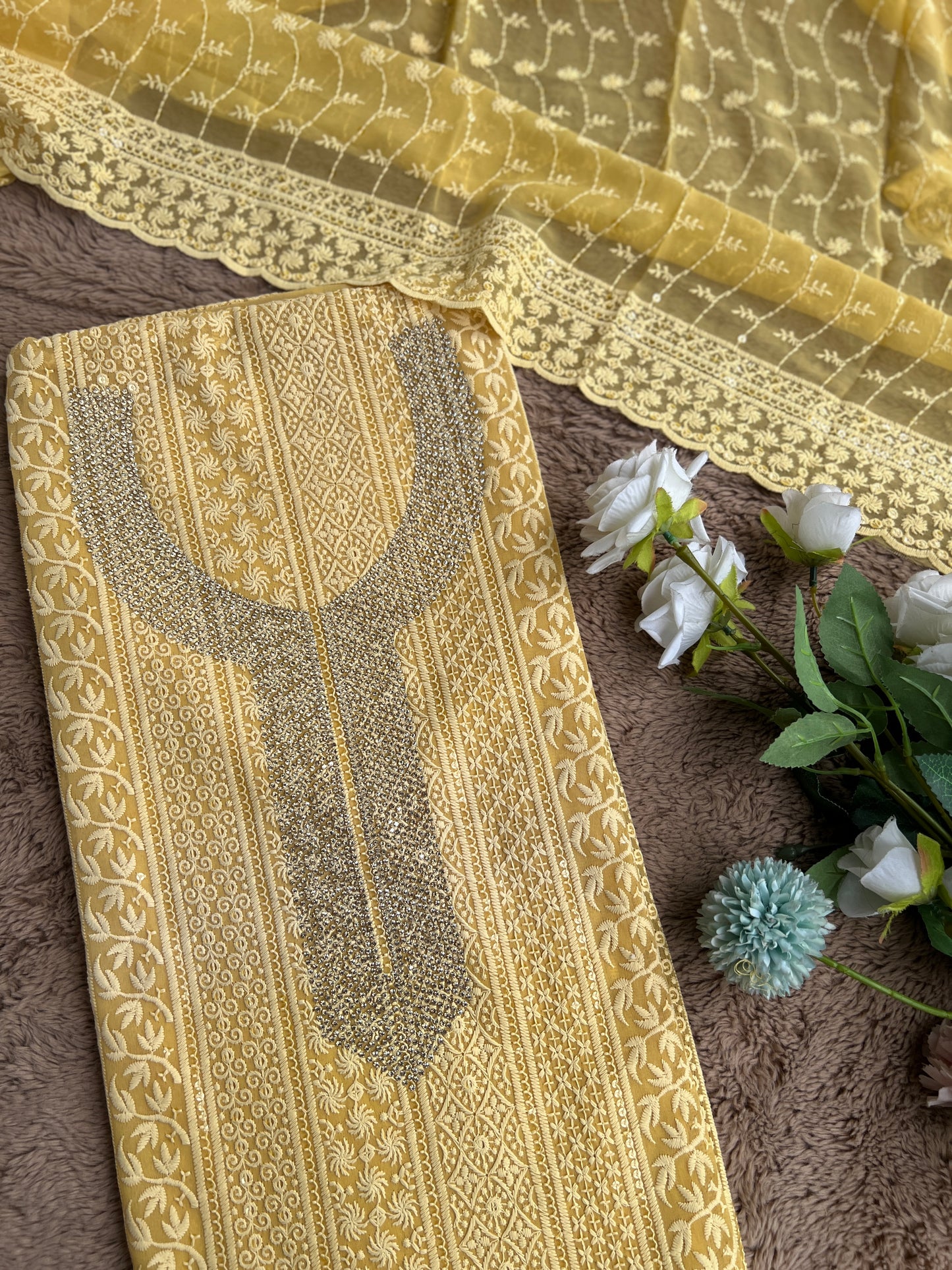 Elegant Mustard Georgette Chikanakari Salwar suit