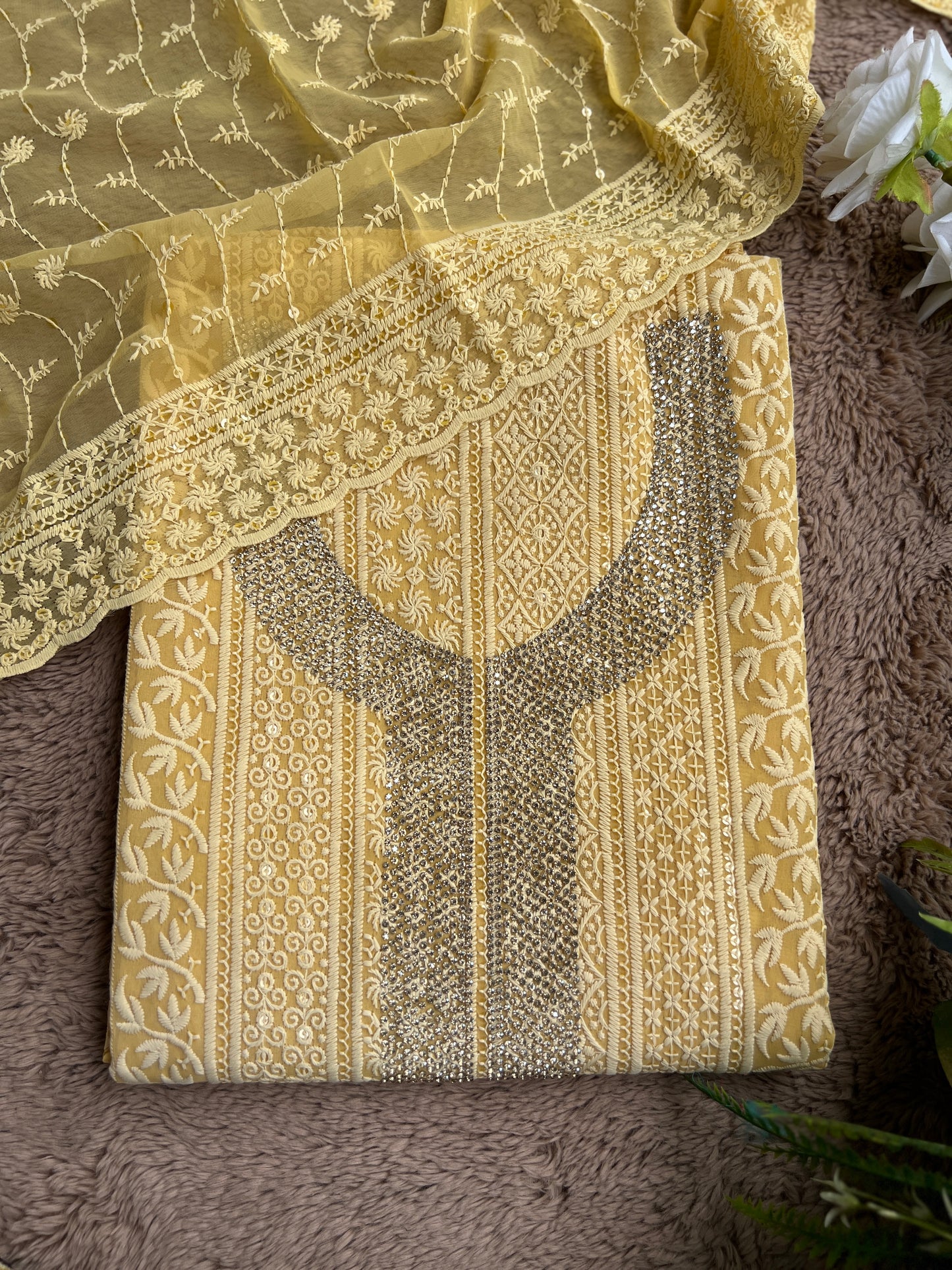 Elegant Mustard Georgette Chikanakari Salwar suit