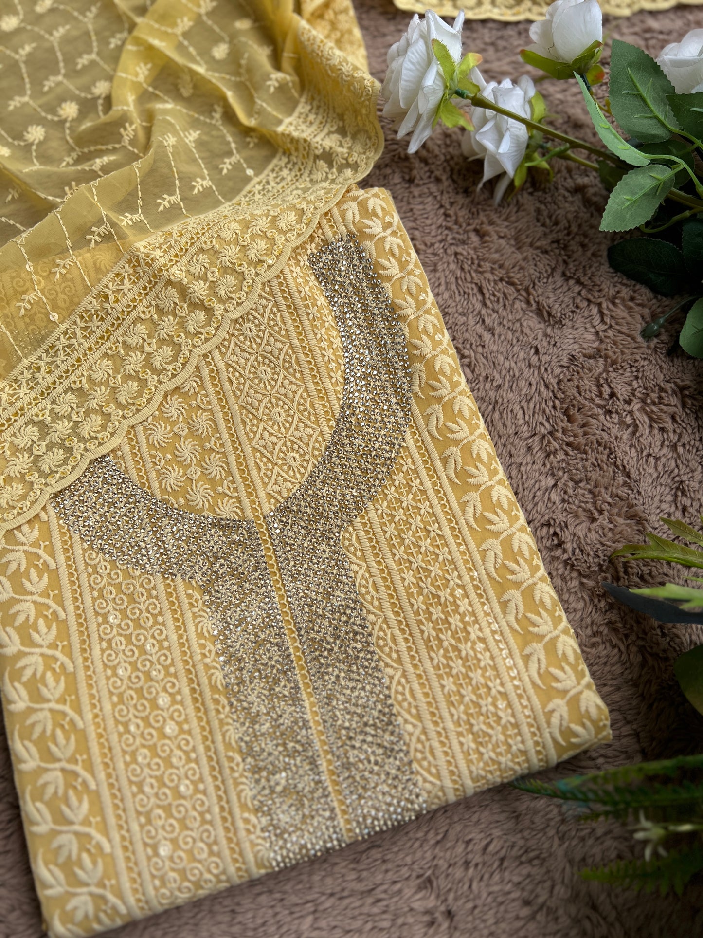 Elegant Mustard Georgette Chikanakari Salwar suit