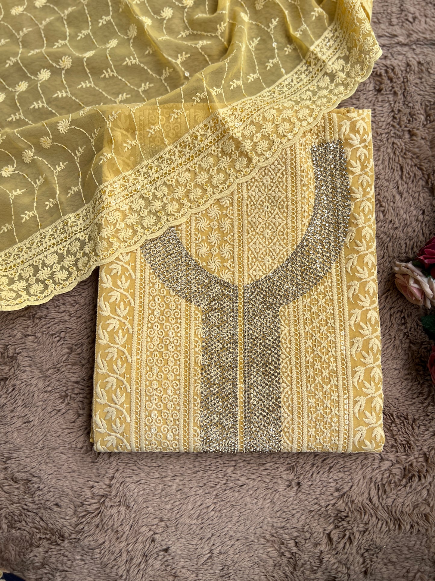 Elegant Mustard Georgette Chikanakari Salwar suit