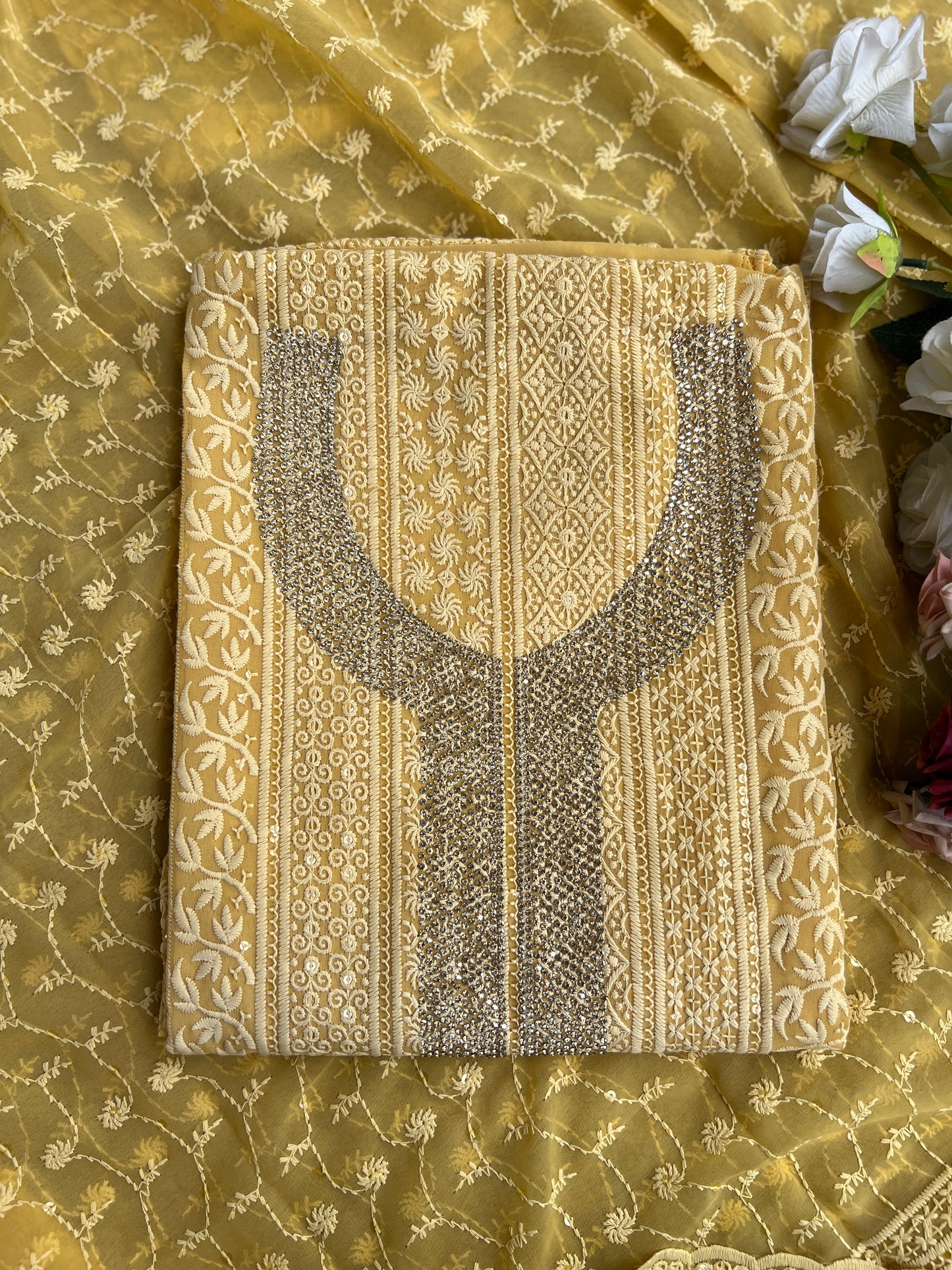 Elegant Mustard Georgette Chikanakari Salwar suit