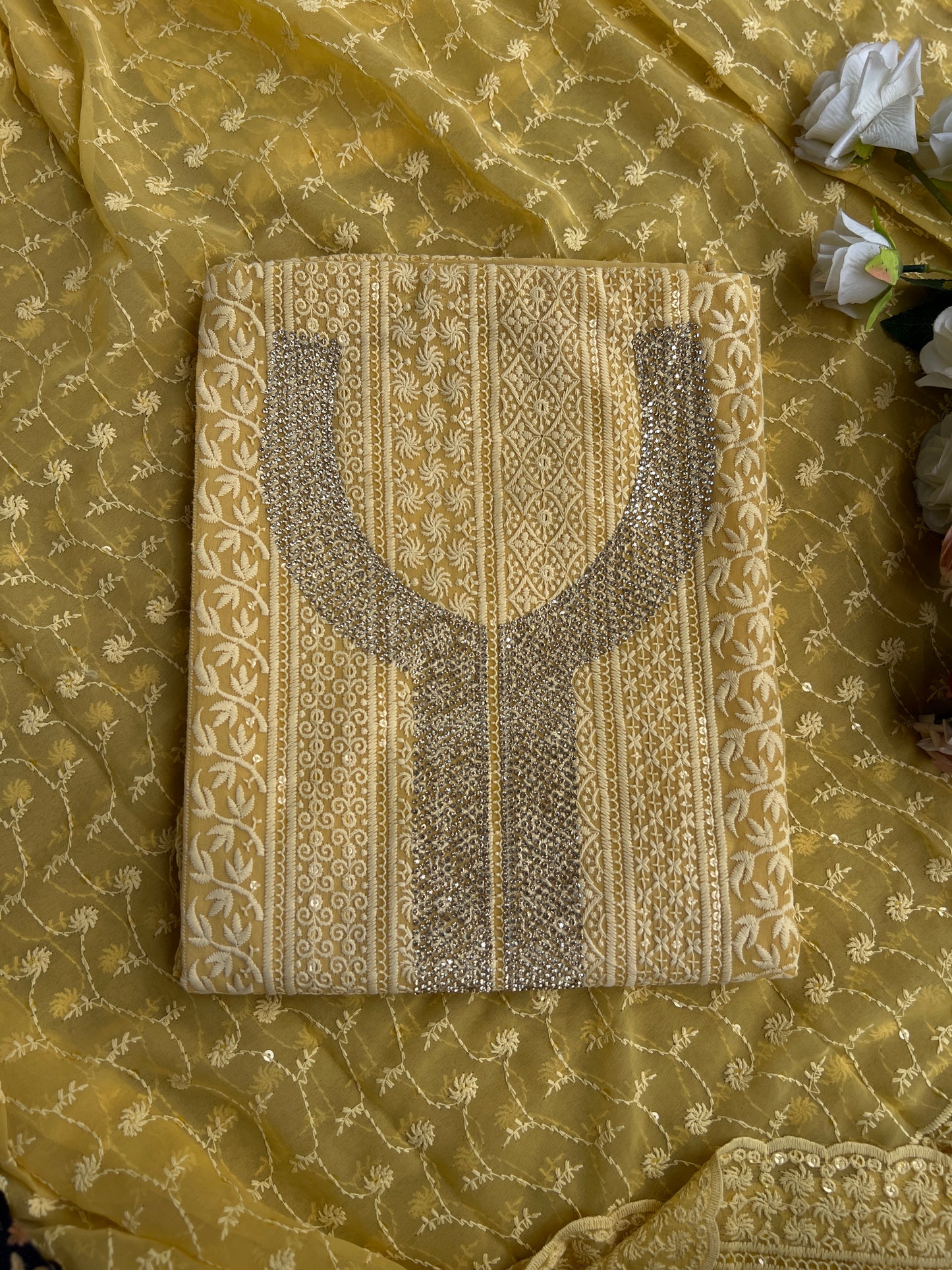 Elegant Mustard Georgette Chikanakari Salwar suit