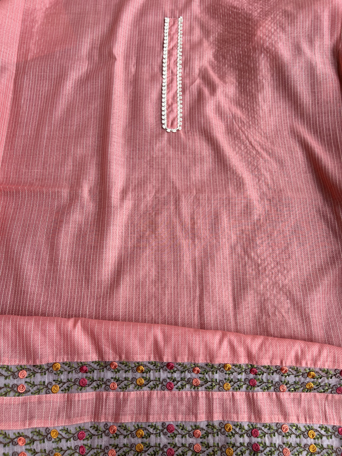 Elegant Peach Maheshwari Silk Suit with Hand Embroidery
