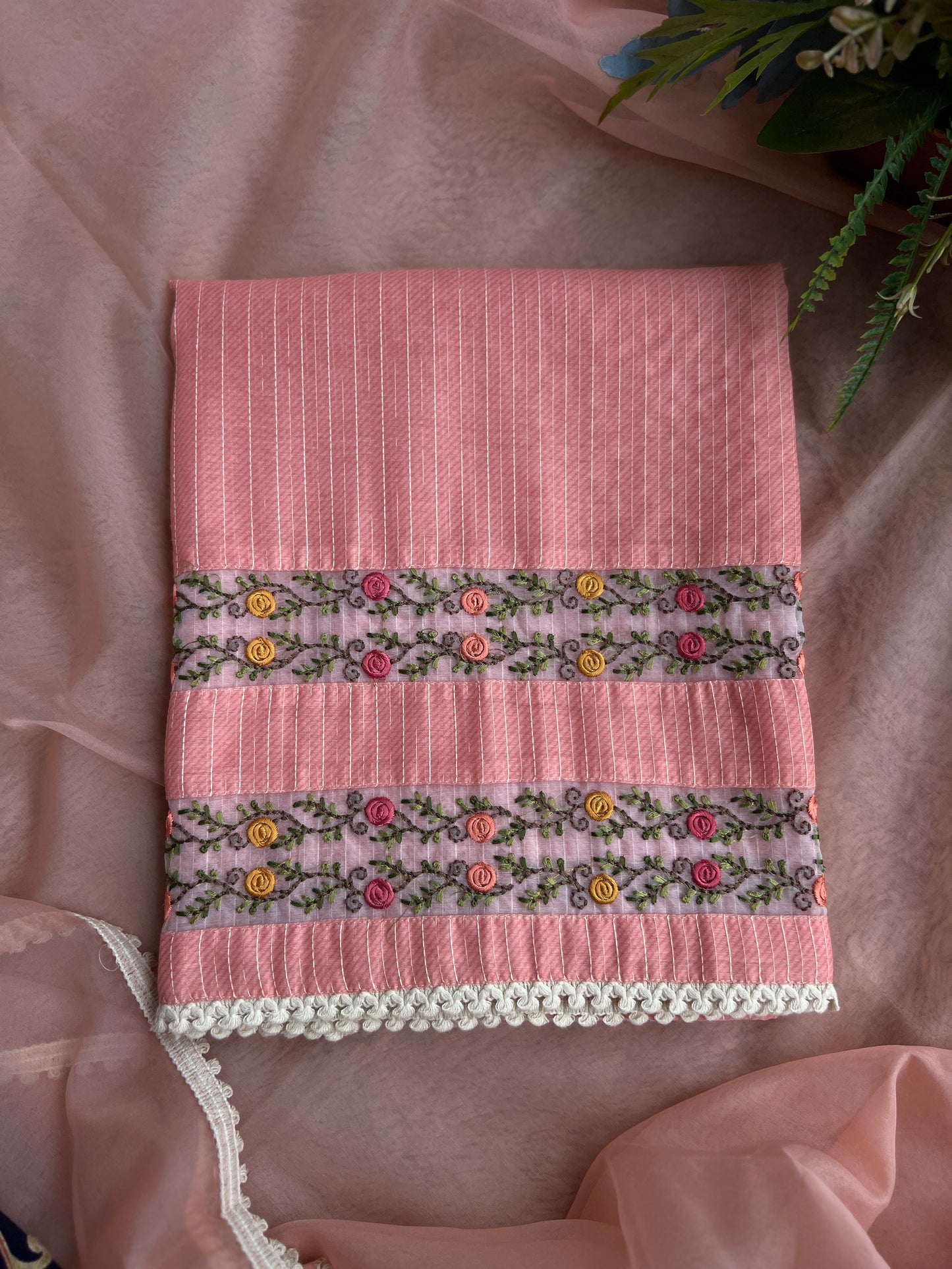 Elegant Peach Maheshwari Silk Suit with Hand Embroidery