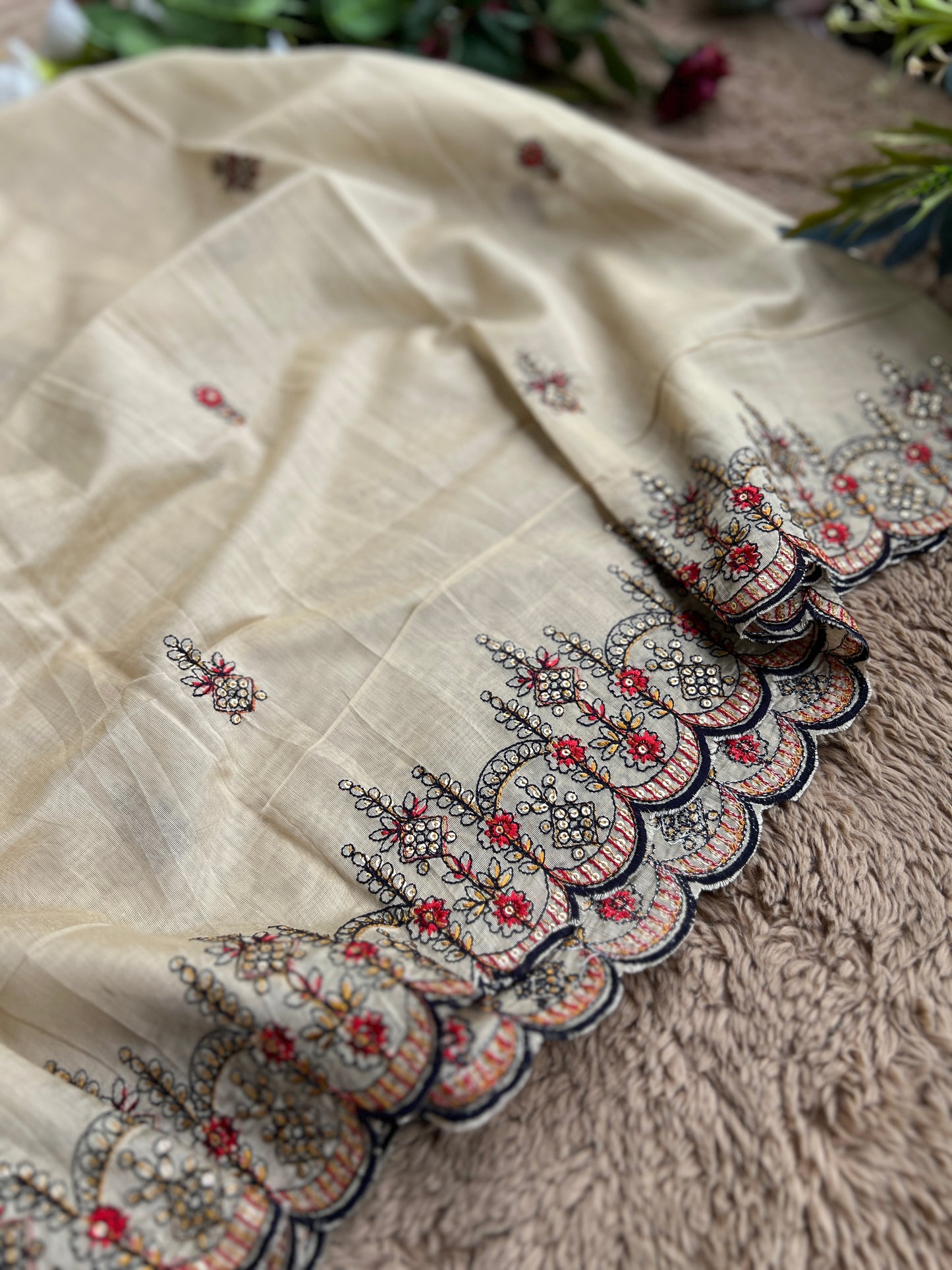 Navy Russian Silk Semi-Stitched Suit with Embroidered Silk Dupatta