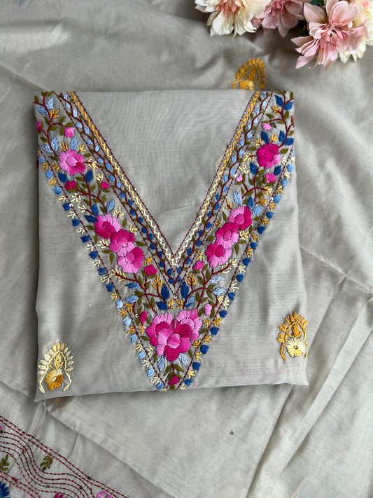 Silver Grey Chanderi Silk Floral Hand Embroidery