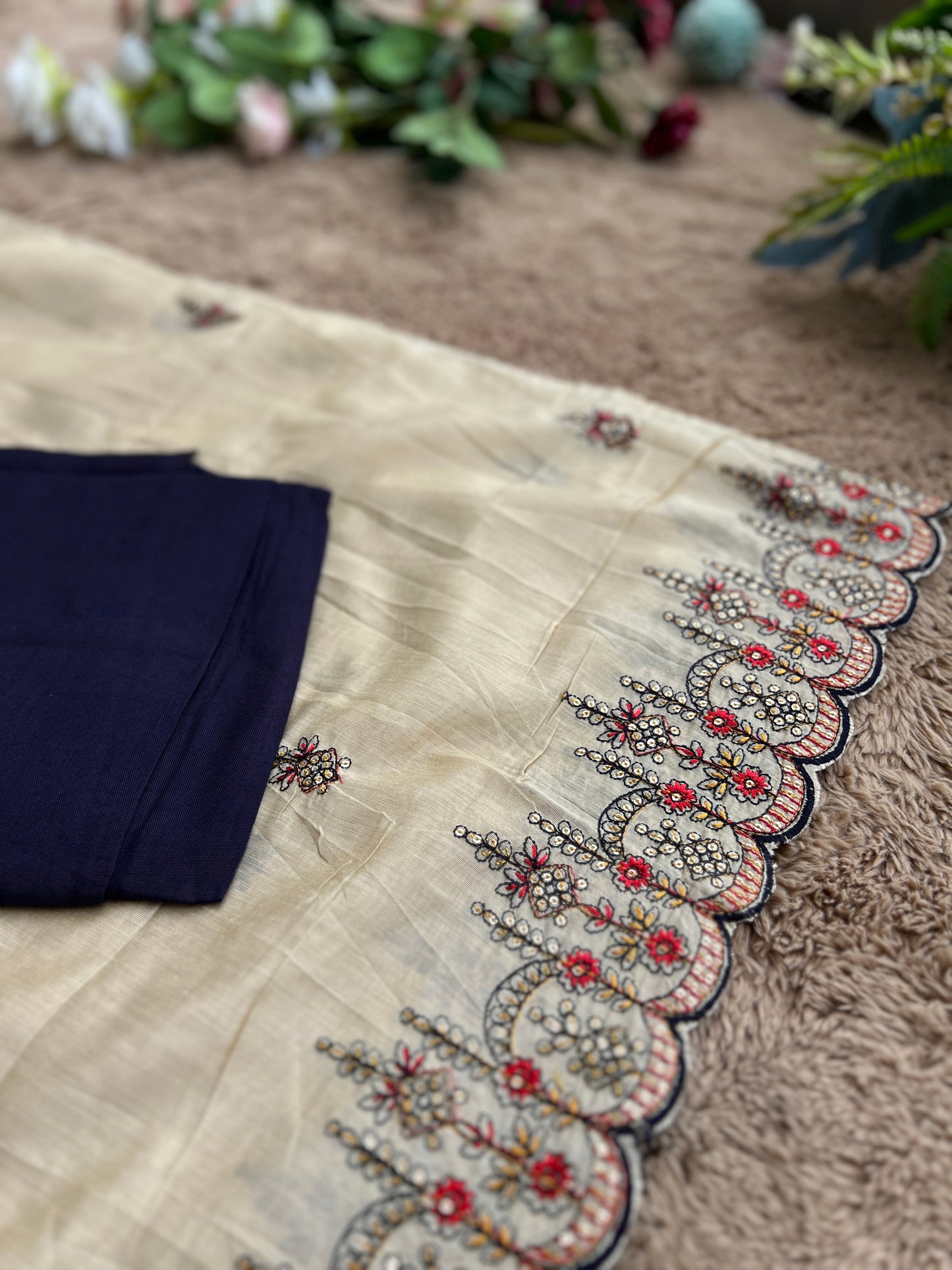 Navy Russian Silk Semi-Stitched Suit with Embroidered Silk Dupatta